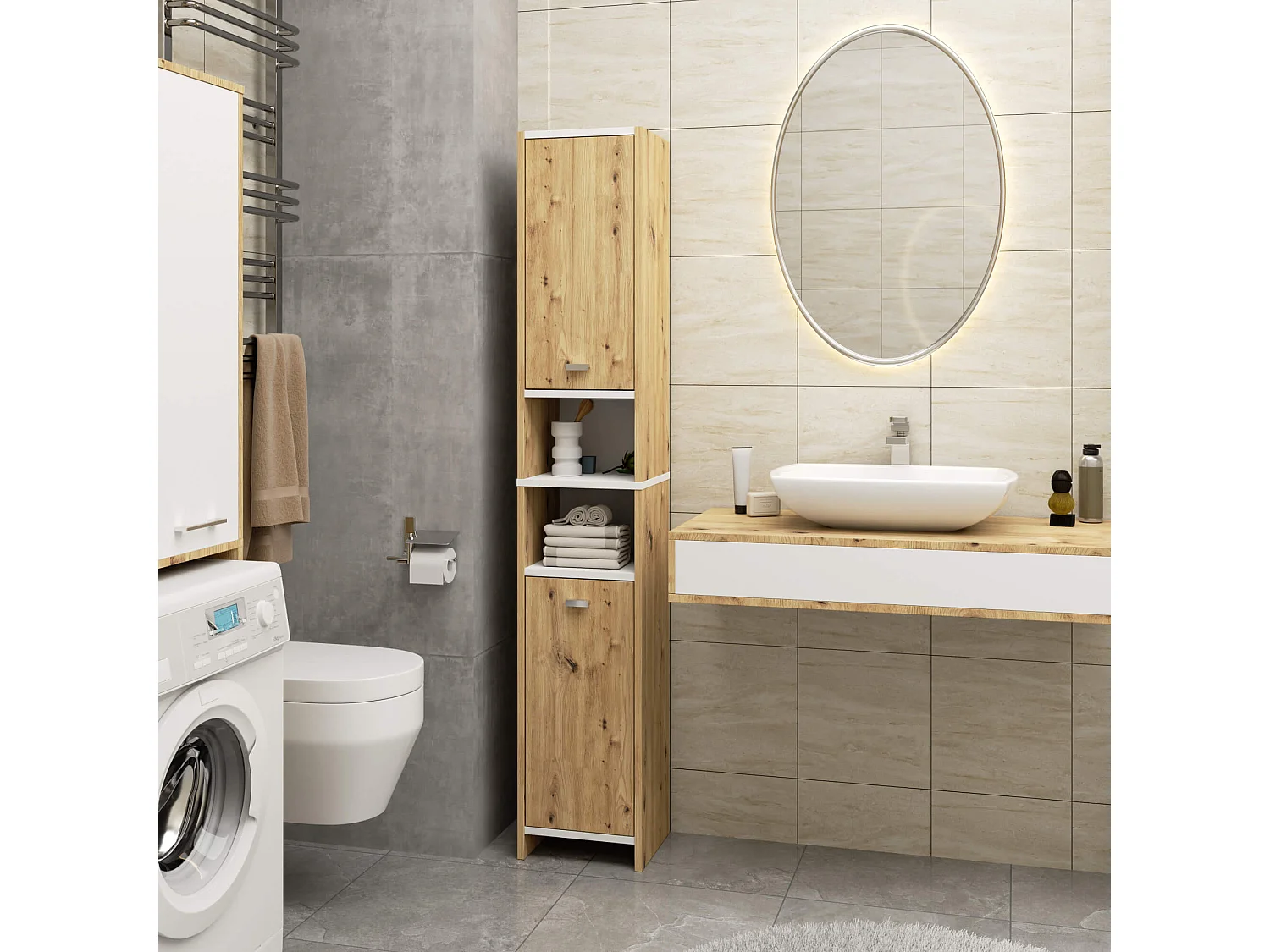 Colonne salle de bain AKORD BETI Chêne Artisan 32 cm 2 portes façade Blanche 4 étagères 32x28x180 cm