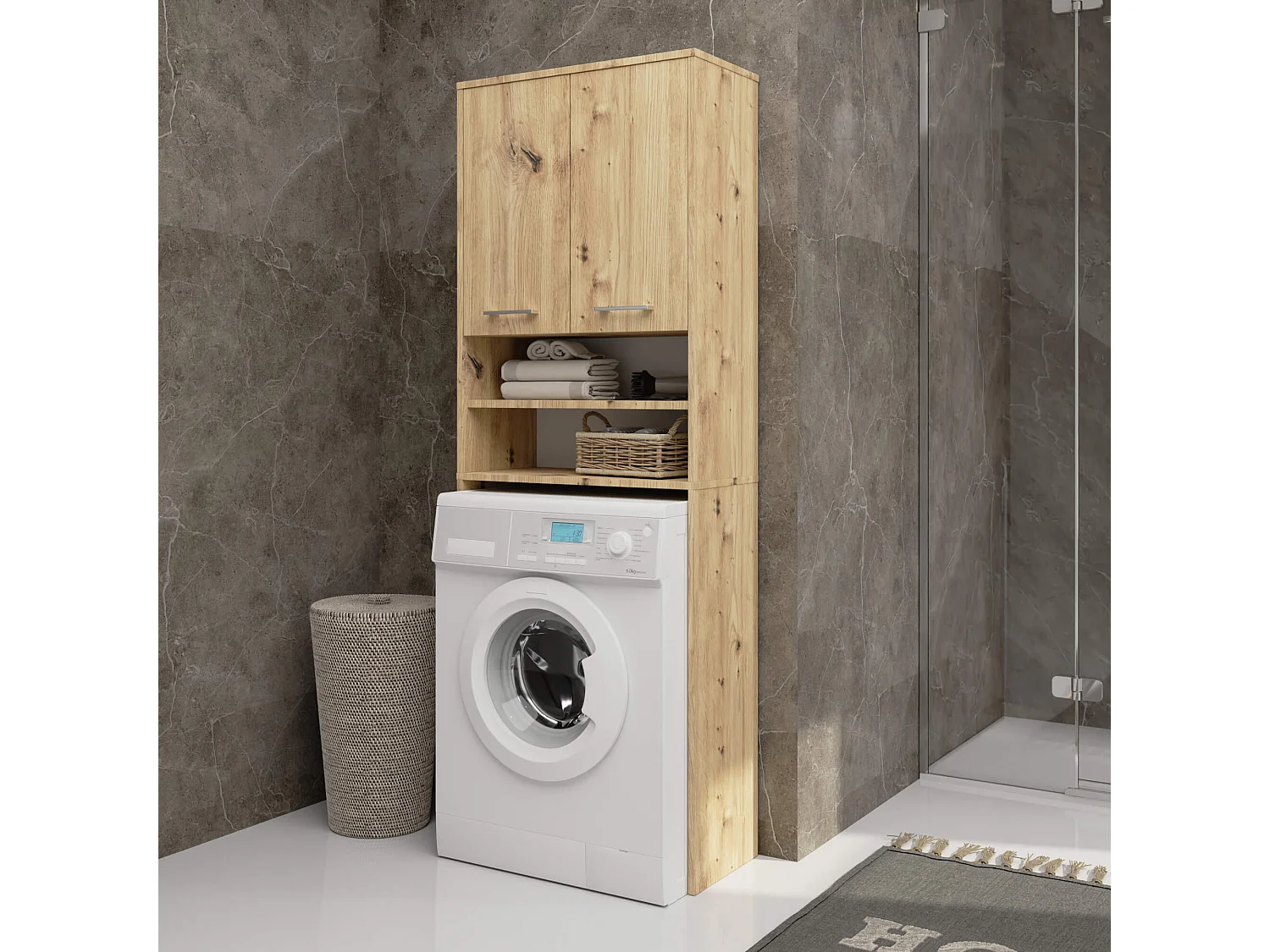 Meuble pour machine à laver AKORD FIN Chêne Artisan 64 cm 2 portes 4 étagères 64x30x180 cm