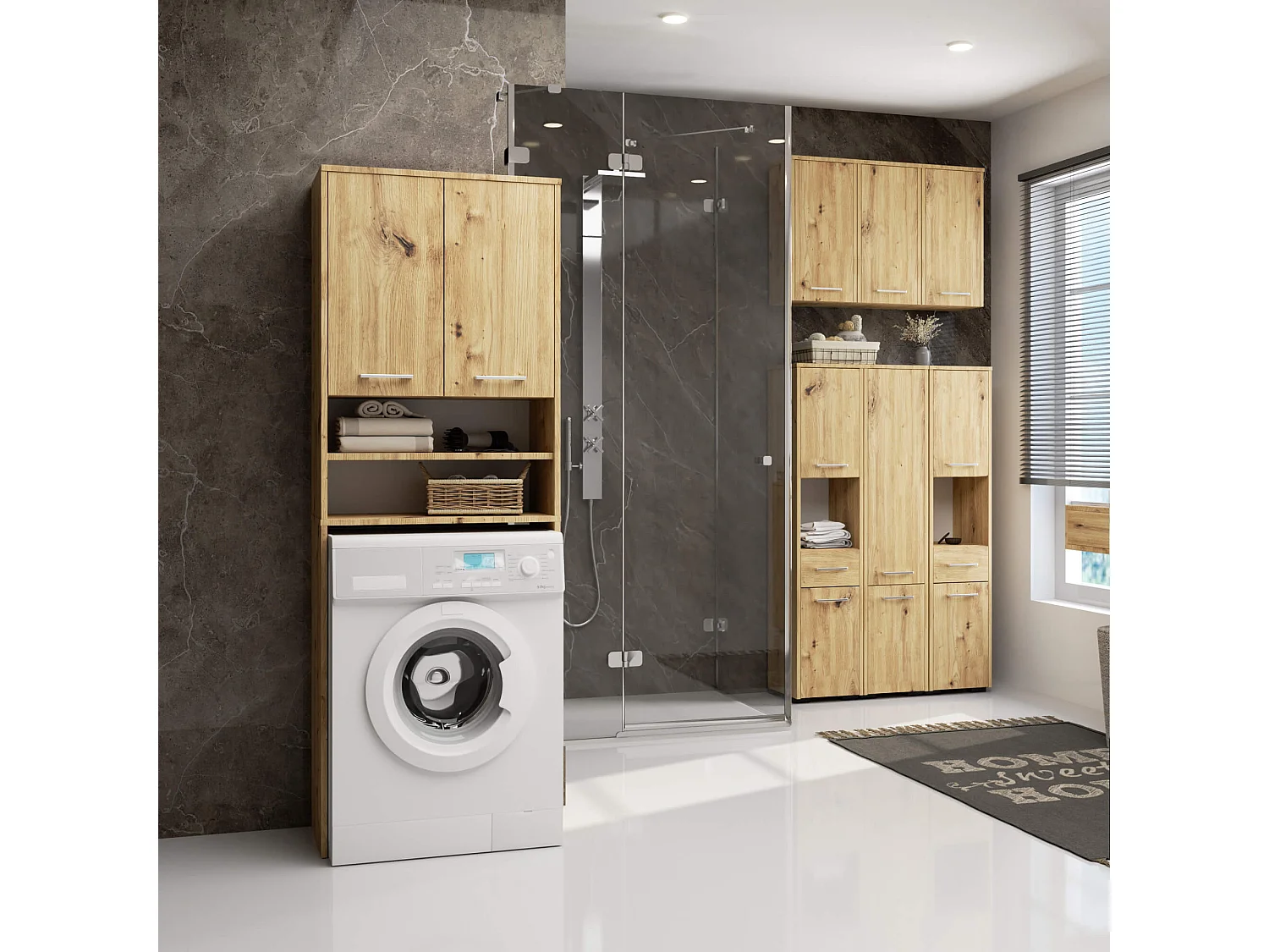 Meuble pour machine à laver AKORD FIN Chêne Artisan 64 cm 2 portes 4 étagères 64x30x180 cm