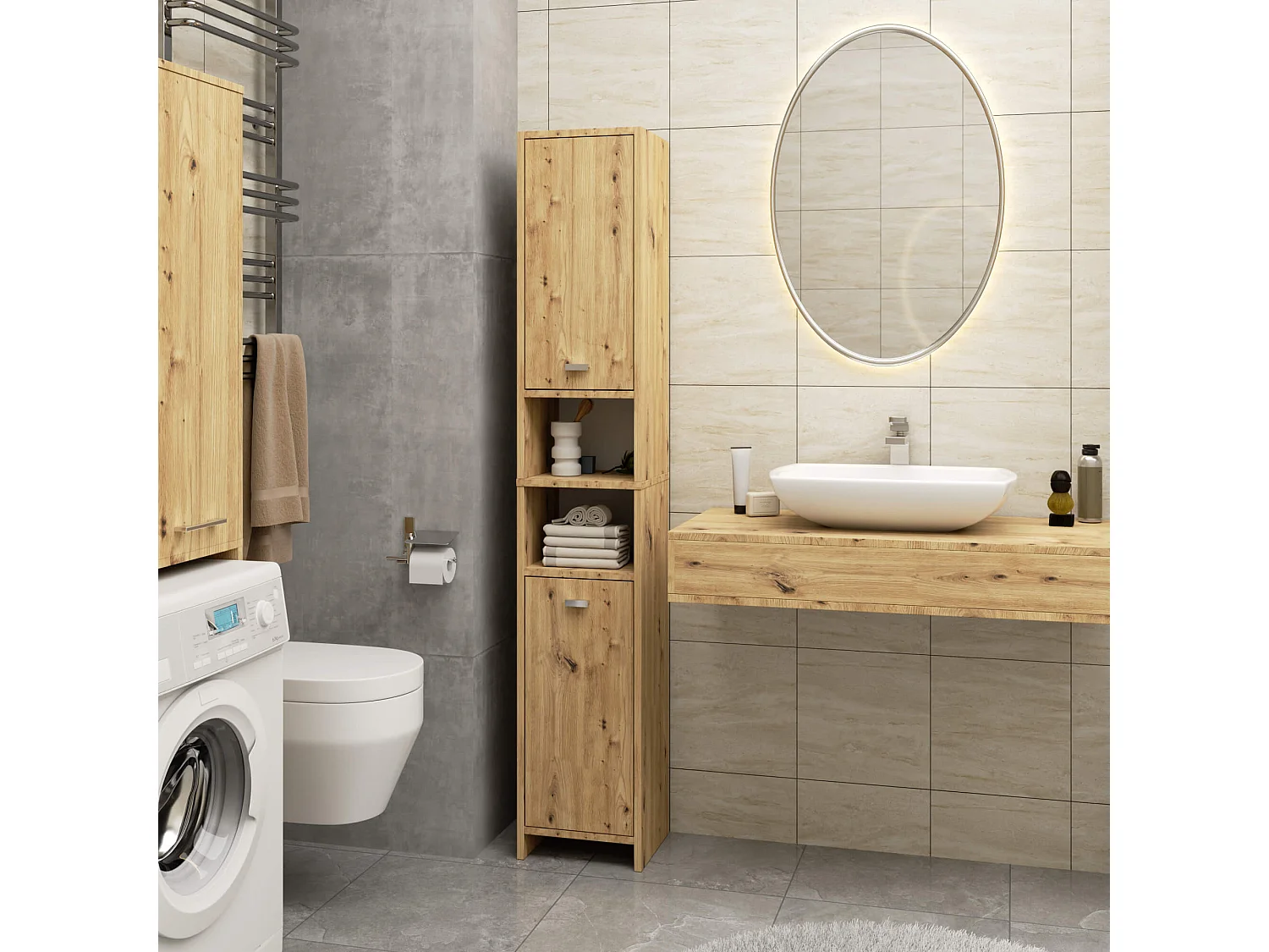 Colonne salle de bain AKORD BETI Chêne Artisan 32 cm 2 portes 4 étagères 32x28x180 cm