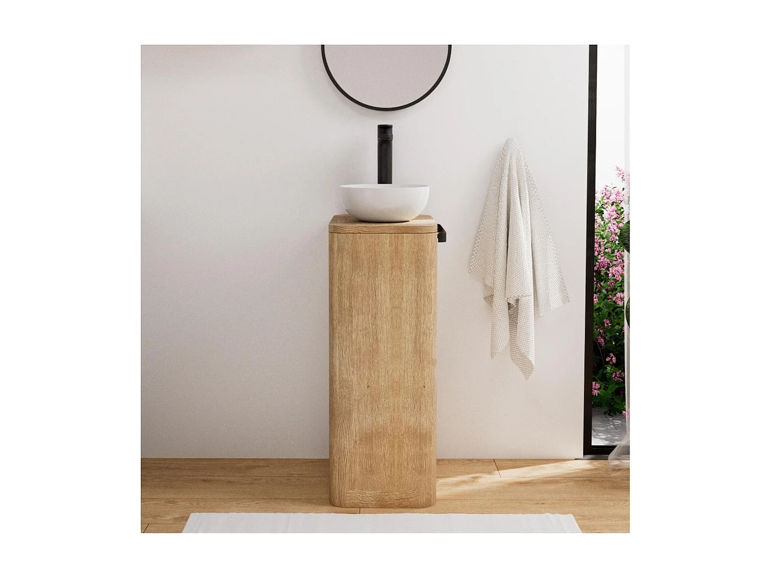 Set lavabo Totem in rovere massello con lavabo e rubinetto TOM nero