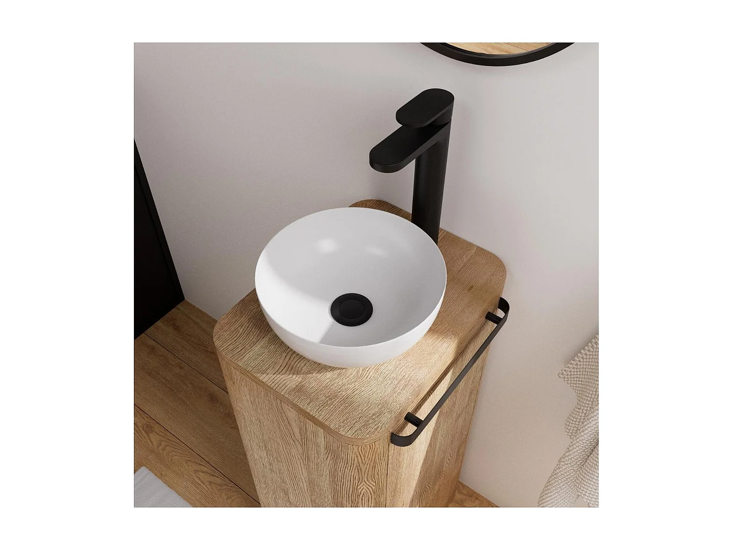 Set lavabo Totem in rovere massello con lavabo e rubinetto TOM nero