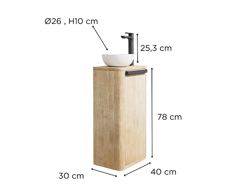Set lavabo Totem in rovere massello con lavabo e rubinetto TOM nero