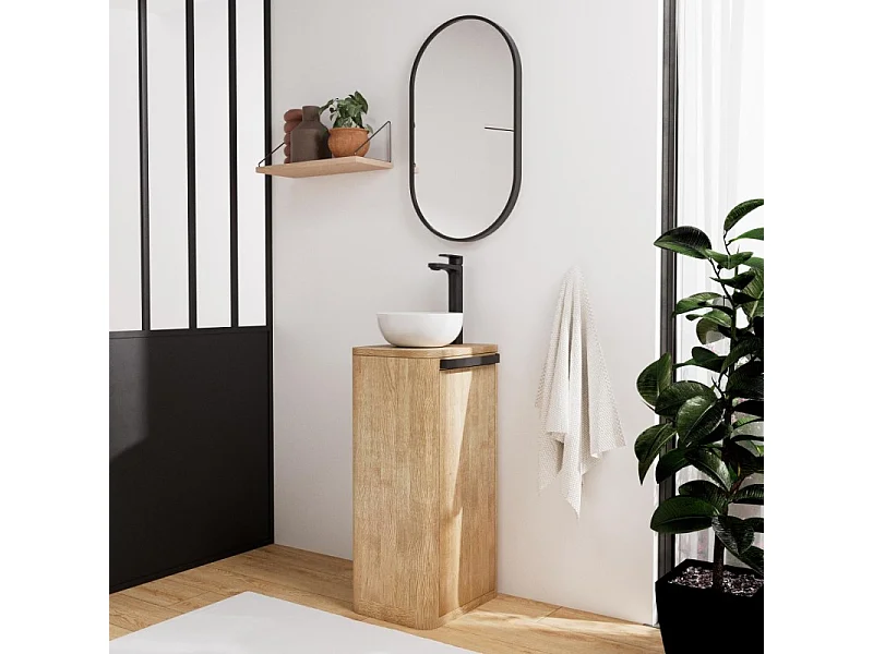 Set lavabo Totem in rovere massello con lavabo e rubinetto TOM nero