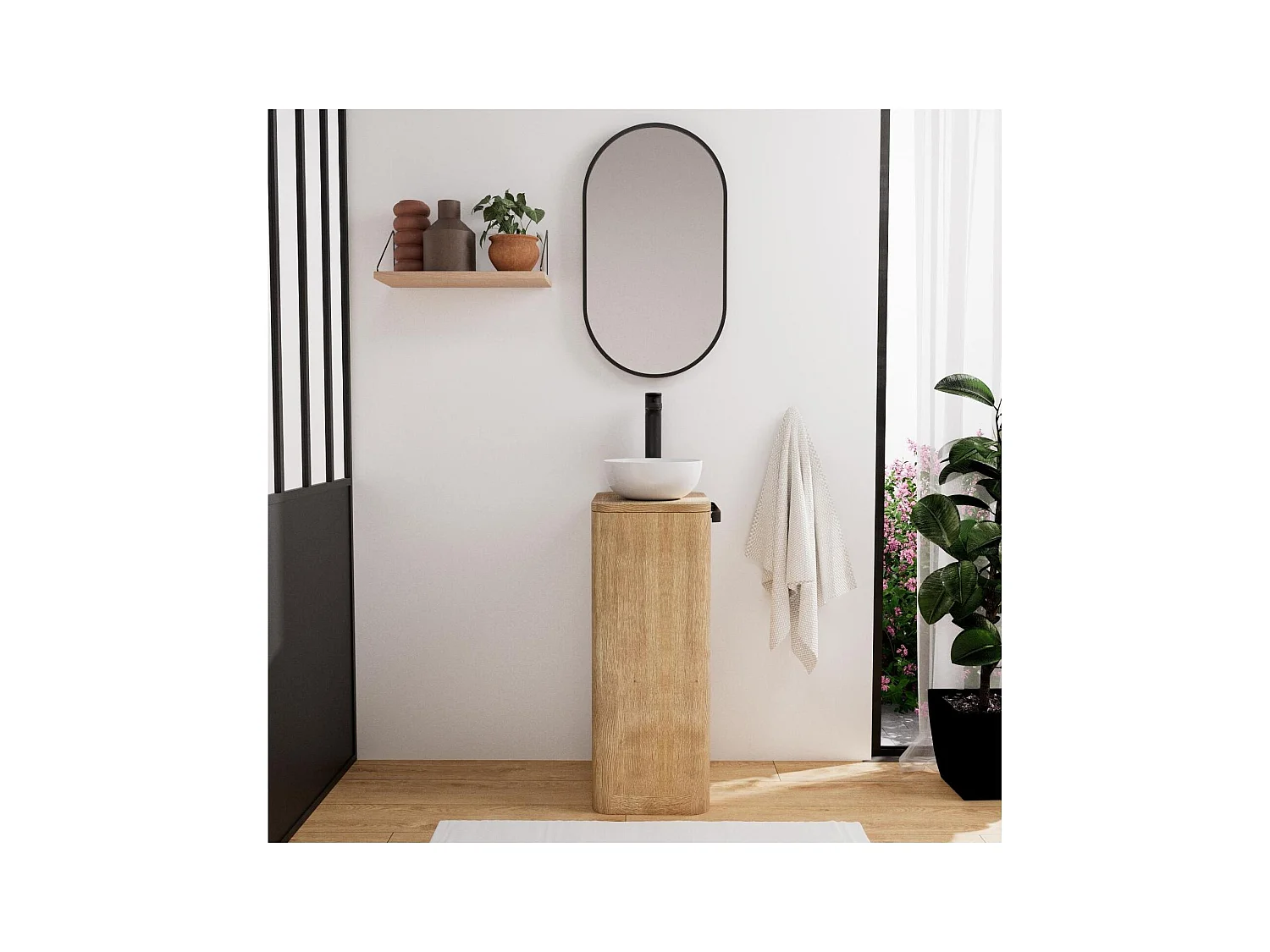 Ensemble lave-mains totem en chêne massif avec vasque et miroir ovale