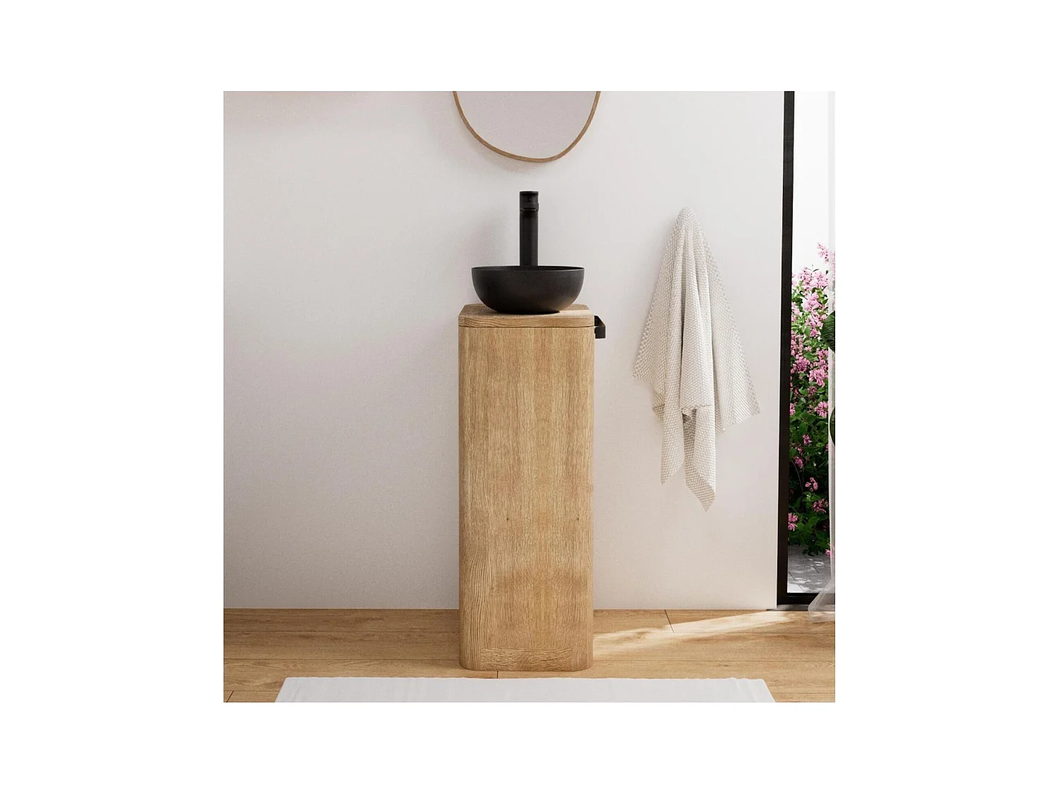 Set lavabo Totem in rovere massello con lavabo e rubinetto TOM nero