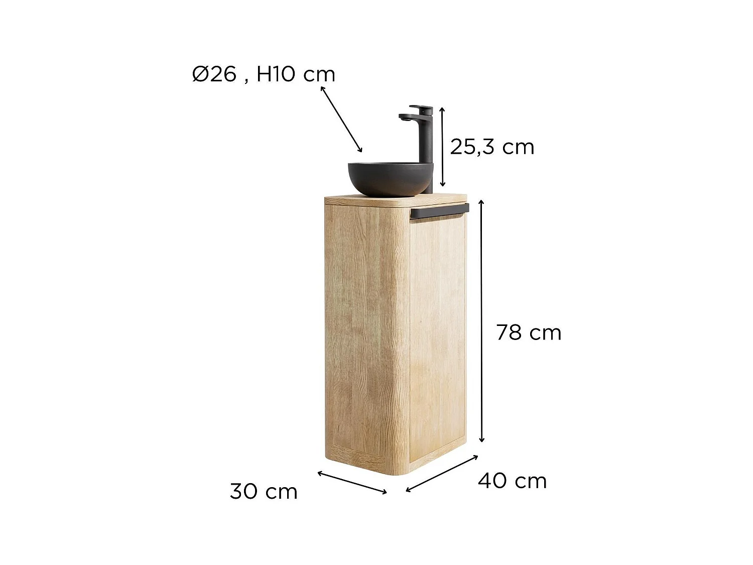 Set lavabo Totem in rovere massello con lavabo e rubinetto TOM nero