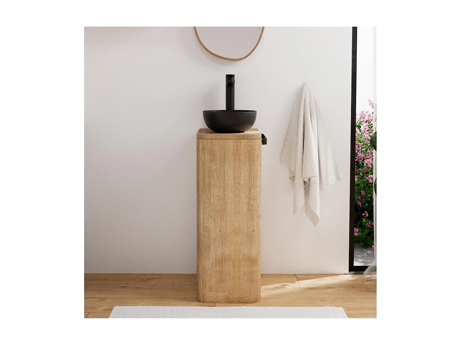 Set lavabo Totem in rovere massello con lavabo e rubinetto TOM nero