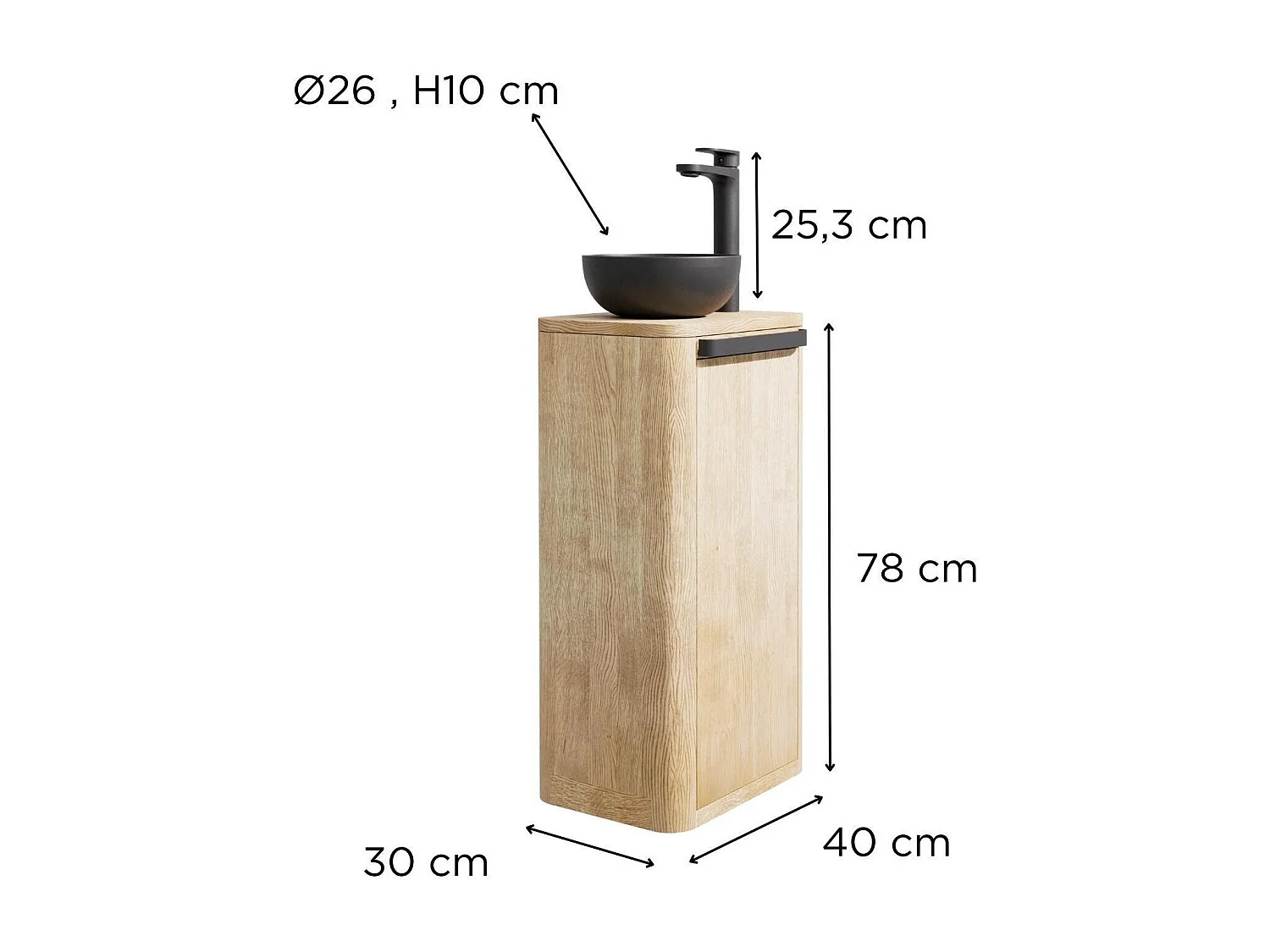 Set lavabo Totem in rovere massello con lavabo e rubinetto TOM nero