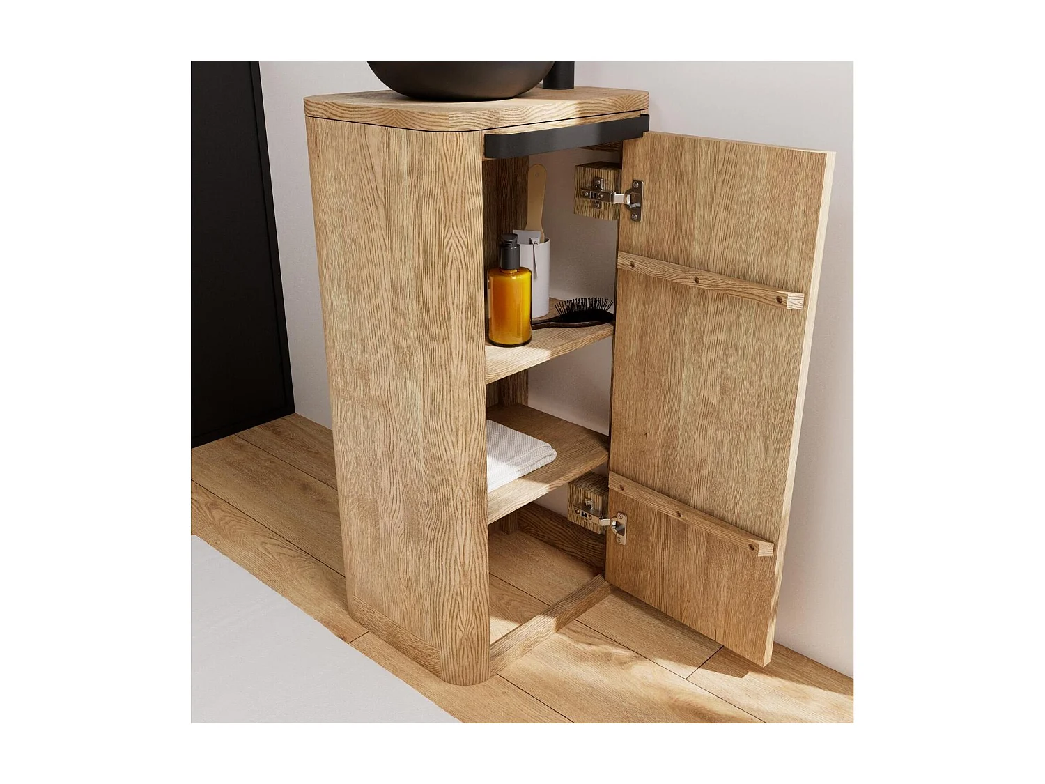 Set lavabo Totem in rovere massello con lavabo e rubinetto TOM nero