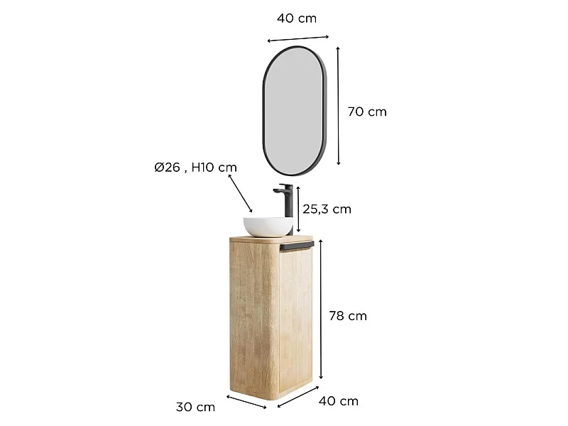 Ensemble meuble lave-mains TOM + vasque + robinet + miroir