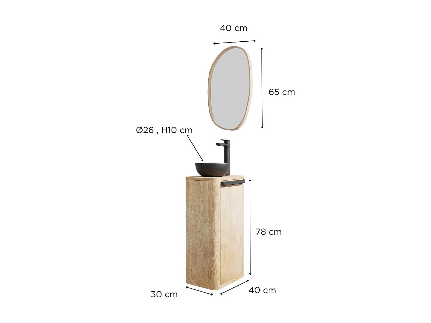 Ensemble lave-mains totem en chêne massif avec vasque et miroir galet