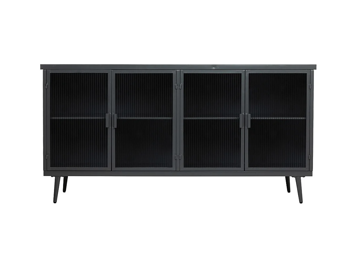 Buffet en métal et bois avec verre, noir 160x36x80h cm