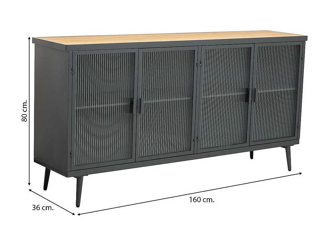 Credenza in metallo e legno con vetro, nero 160x36x80h cm