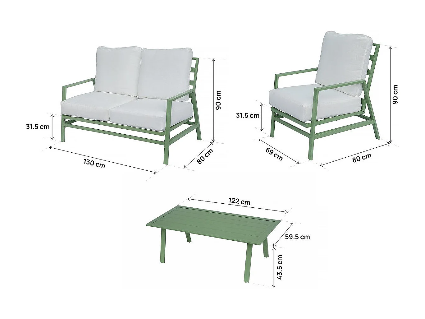 Salon de jardin en métal "Queens" - 4 places - Vert
