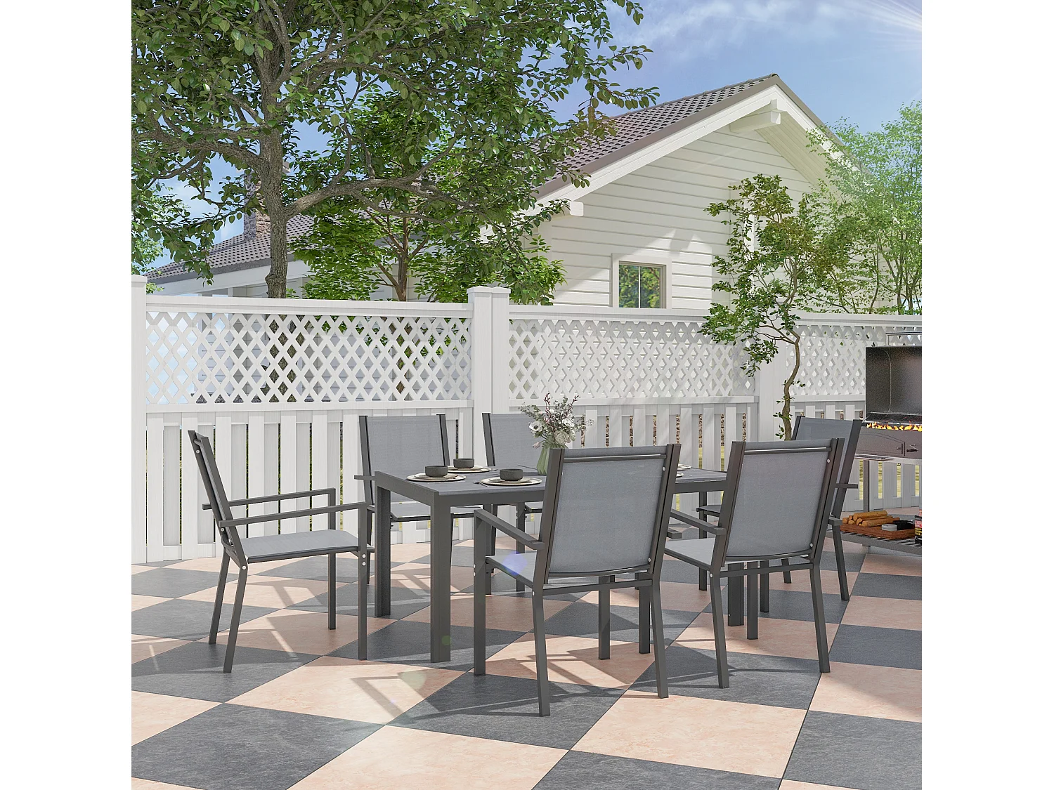 Ensemble salon de jardin repas - ensemble repas extérieur - 6 chaises empilables grande table effet bois - acier textilène gris