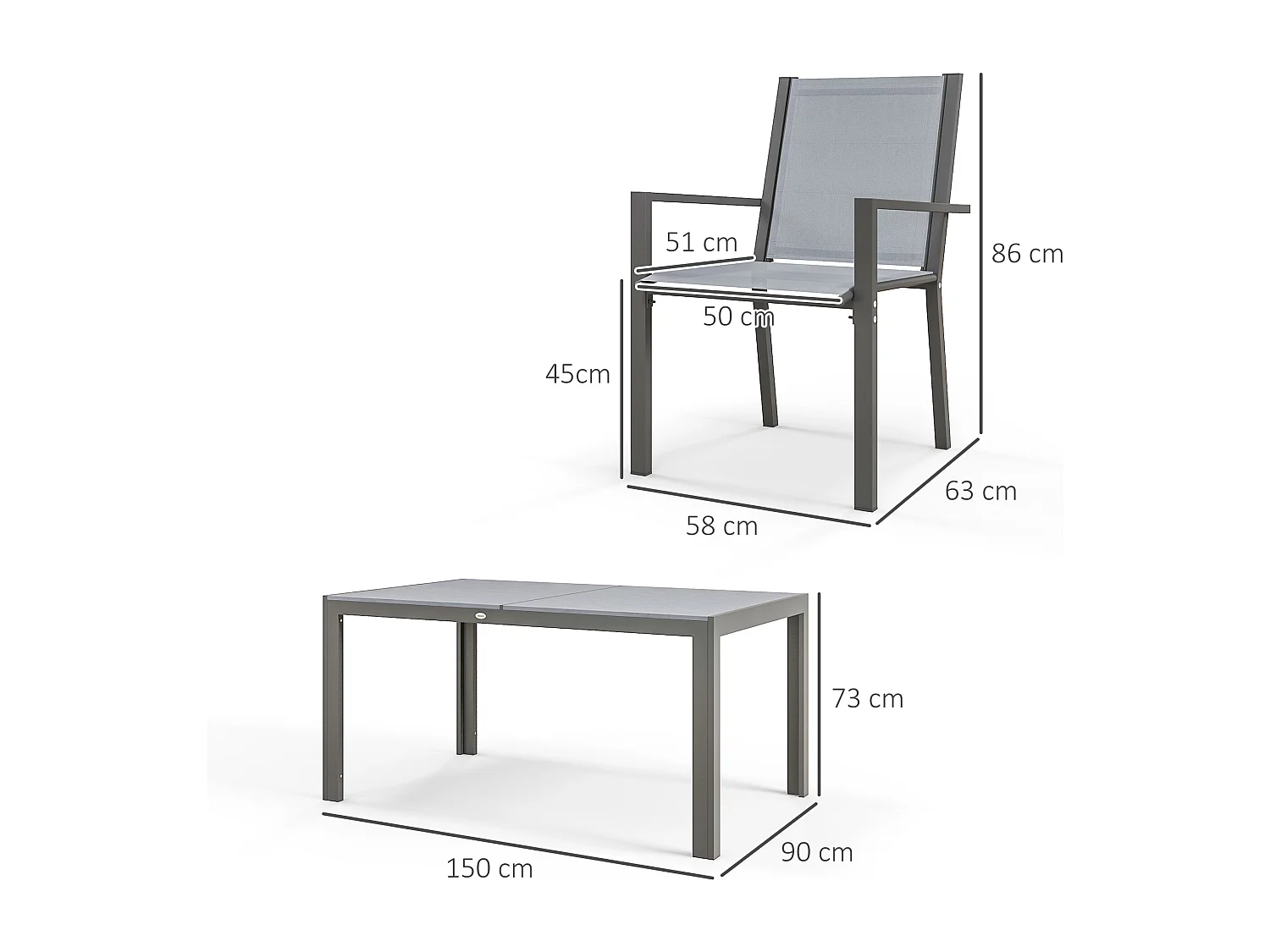 Ensemble salon de jardin repas - ensemble repas extérieur - 6 chaises empilables grande table effet bois - acier textilène gris