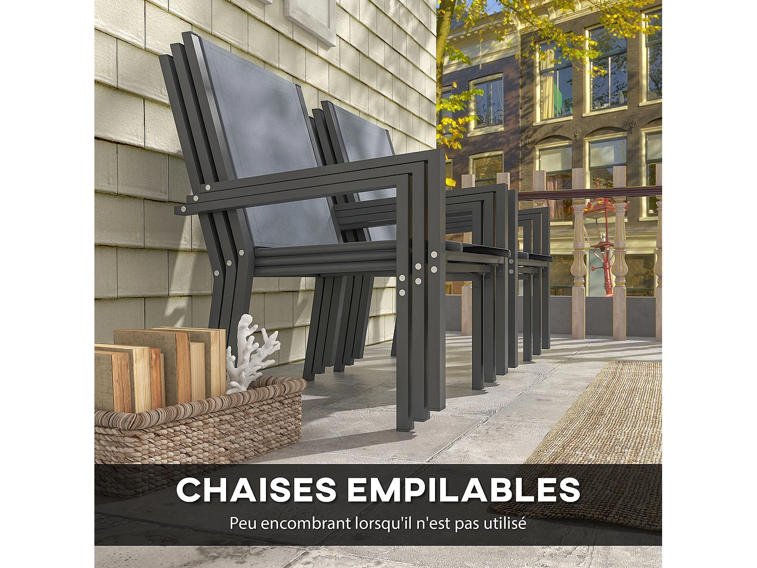 Ensemble salon de jardin repas - ensemble repas extérieur - 6 chaises empilables grande table effet bois - acier textilène gris
