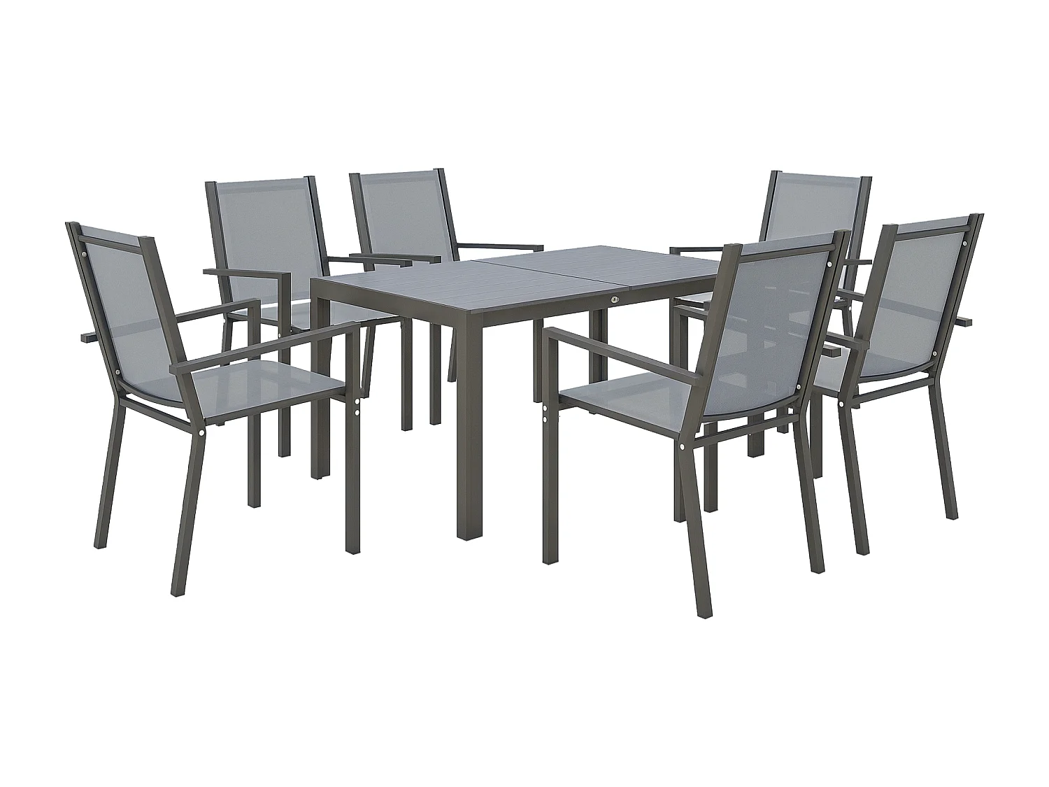 Ensemble salon de jardin repas - ensemble repas extérieur - 6 chaises empilables grande table effet bois - acier textilène gris