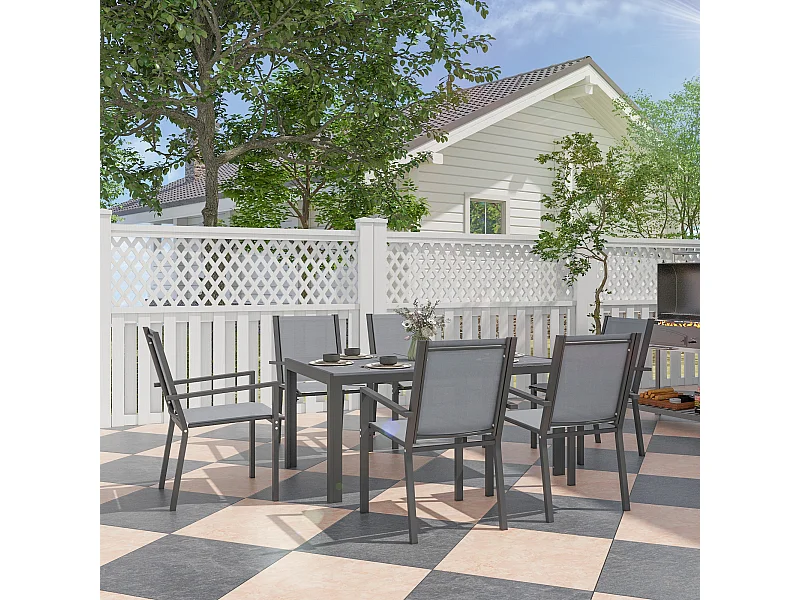 Ensemble salon de jardin repas - ensemble repas extérieur - 6 chaises empilables grande table effet bois - acier textilène gris