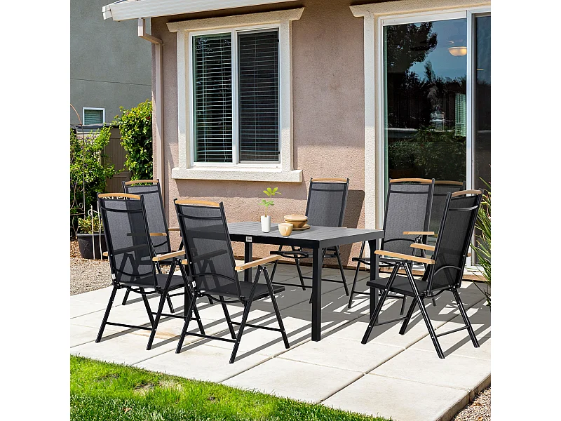 Ensemble table de jardin 6 personnes - chaises pliables inclinables accoudoirs - alu textilène noir plastique effet bois