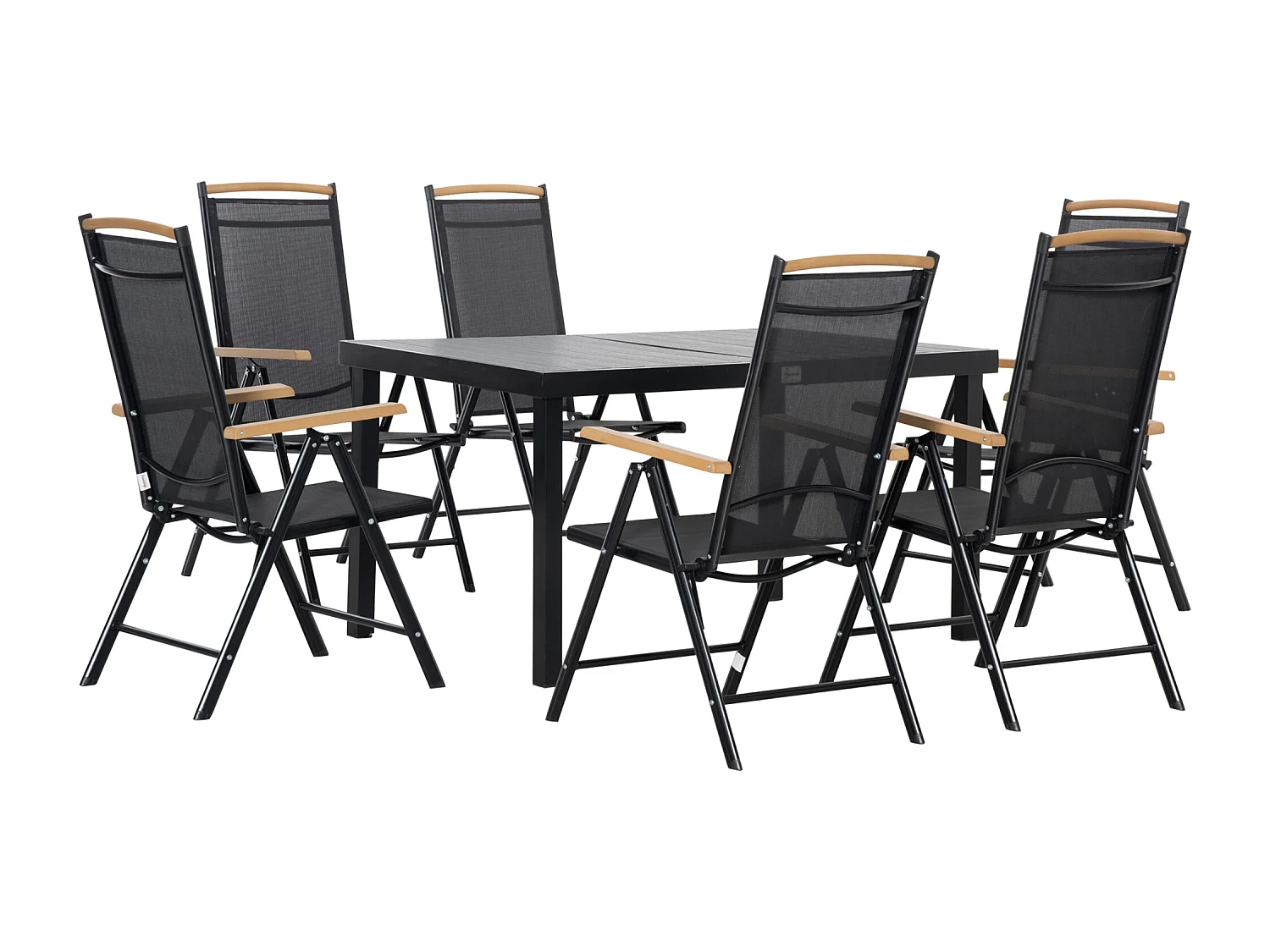 Ensemble table de jardin 6 personnes - chaises pliables inclinables accoudoirs - alu textilène noir plastique effet bois