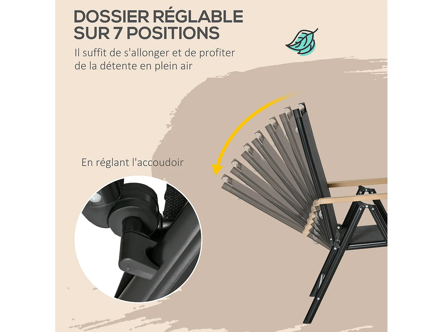 Ensemble table de jardin 6 personnes - chaises pliables inclinables accoudoirs - alu textilène noir plastique effet bois