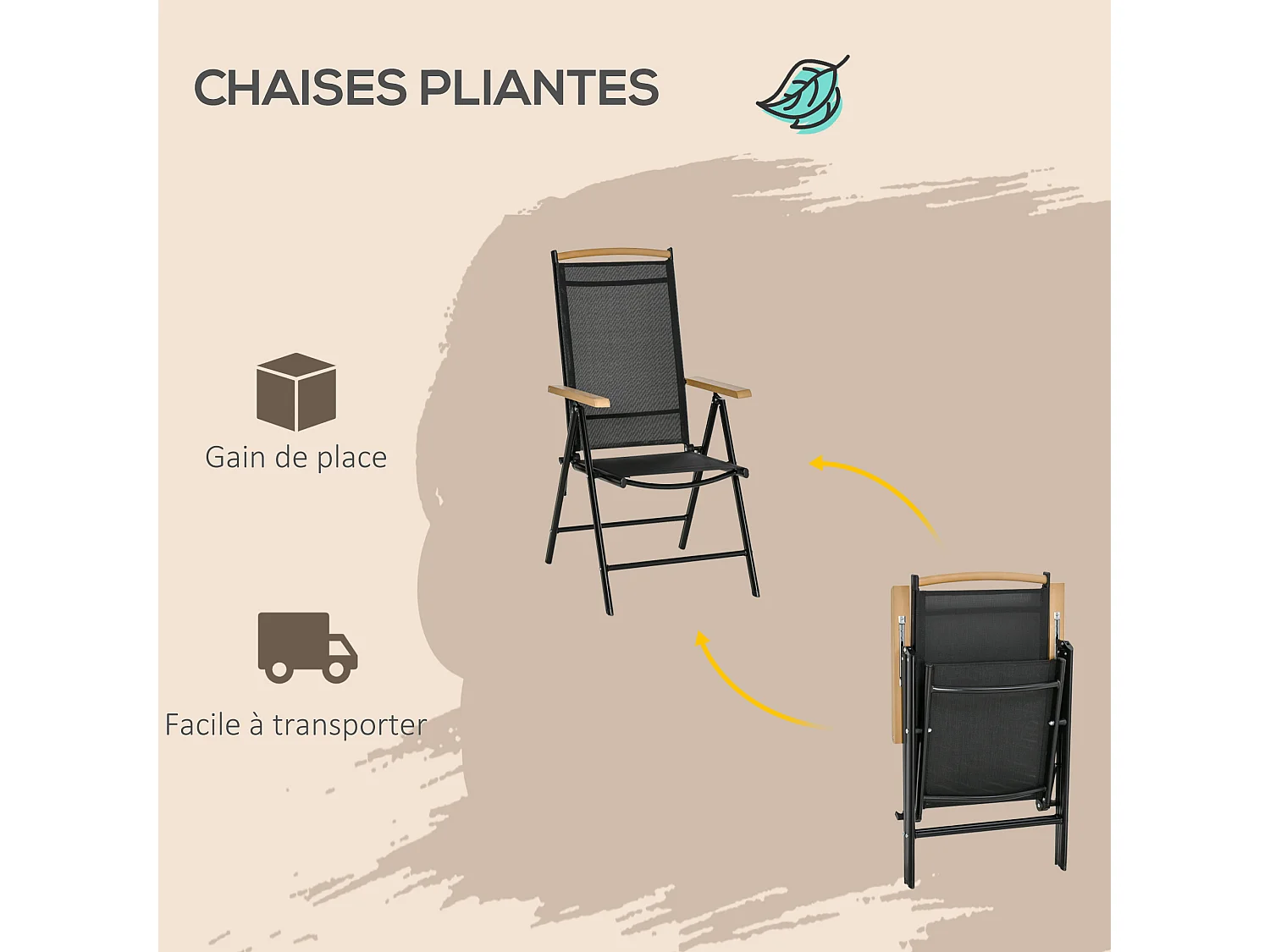 Ensemble table de jardin 6 personnes - chaises pliables inclinables accoudoirs - alu textilène noir plastique effet bois