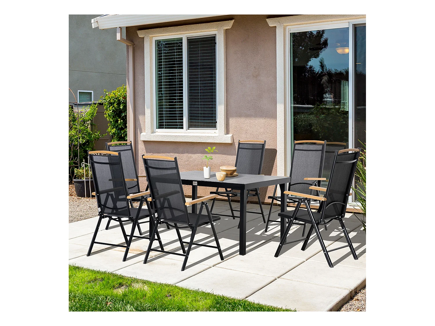 Ensemble table de jardin 6 personnes - chaises pliables inclinables accoudoirs - alu textilène noir plastique effet bois