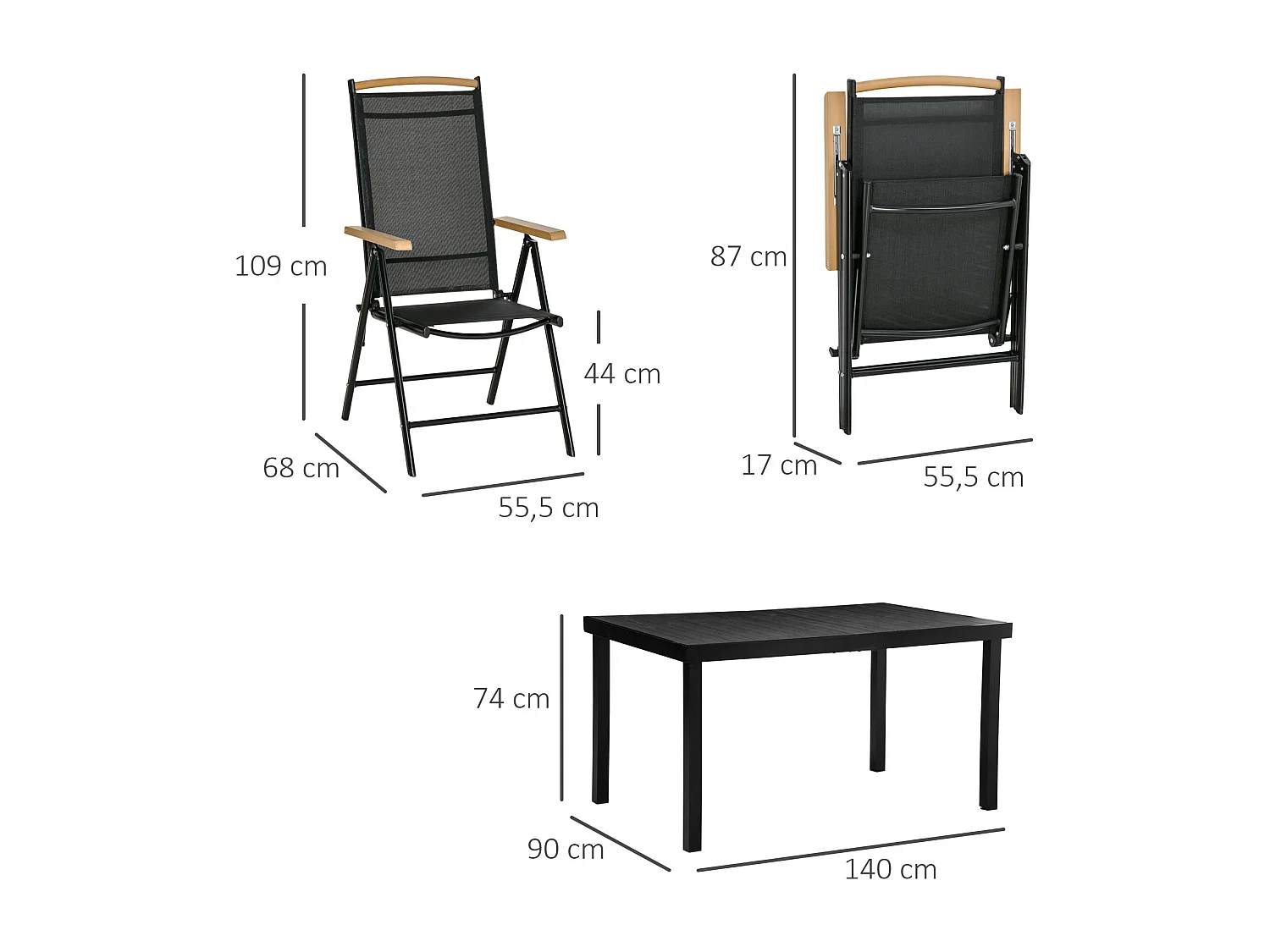 Ensemble table de jardin 6 personnes - chaises pliables inclinables accoudoirs - alu textilène noir plastique effet bois