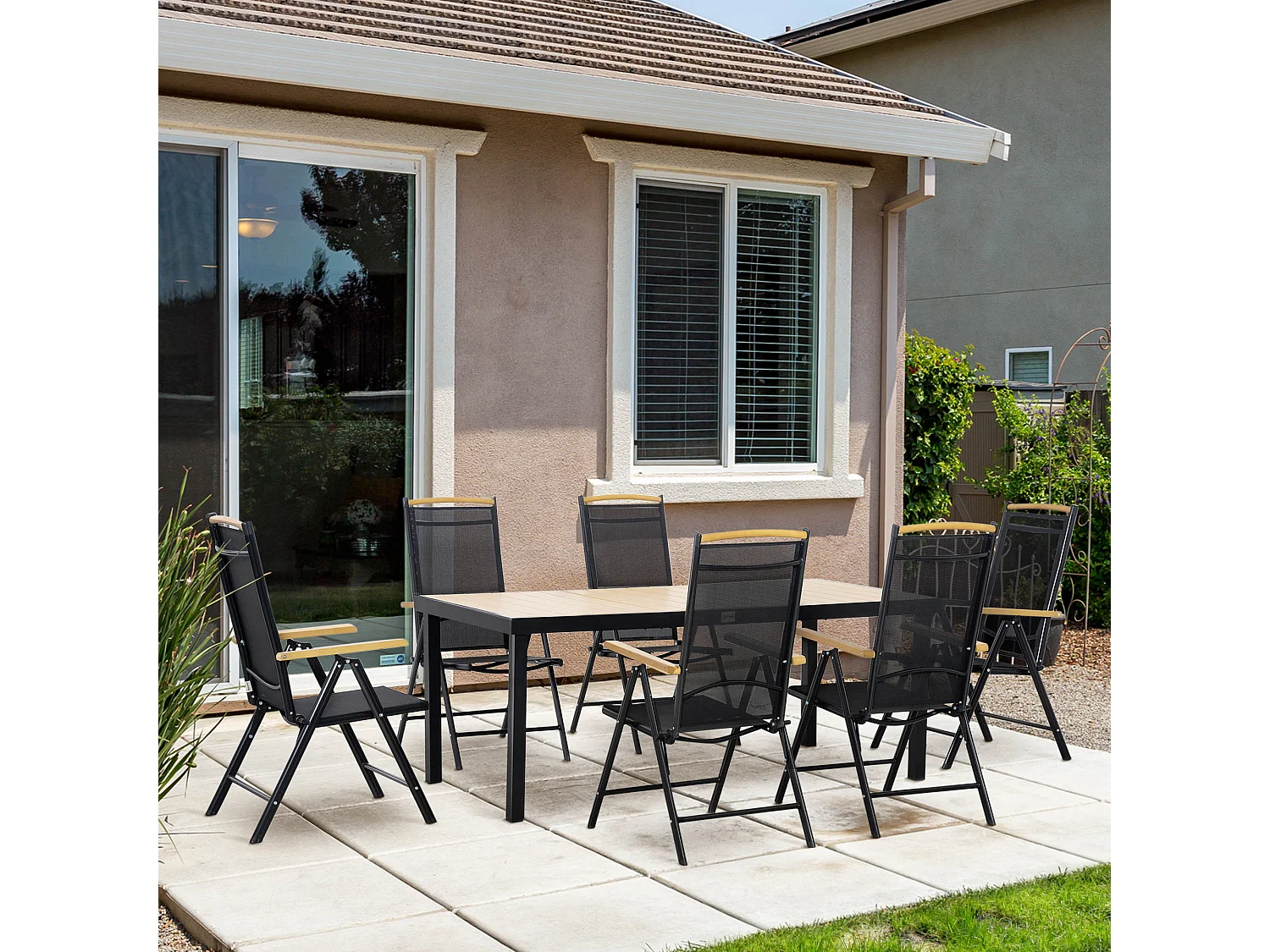 Ensemble table de jardin 6 personnes - chaises pliables inclinables accoudoirs - alu textilène noir plastique effet bois