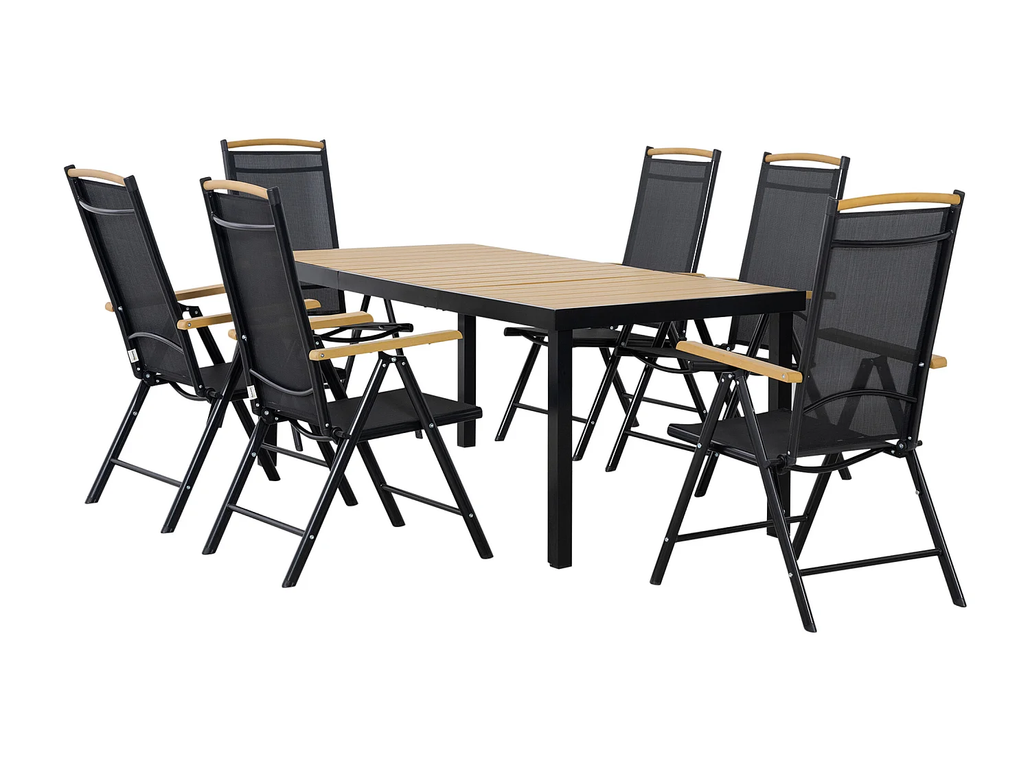 Ensemble table de jardin 6 personnes - chaises pliables inclinables accoudoirs - alu textilène noir plastique effet bois