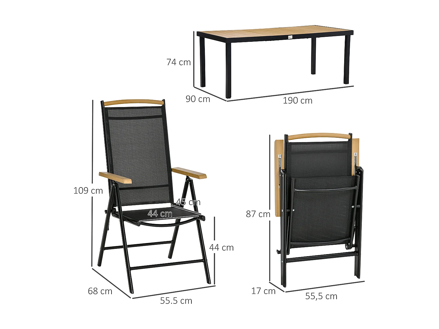Ensemble table de jardin 6 personnes - chaises pliables inclinables accoudoirs - alu textilène noir plastique effet bois