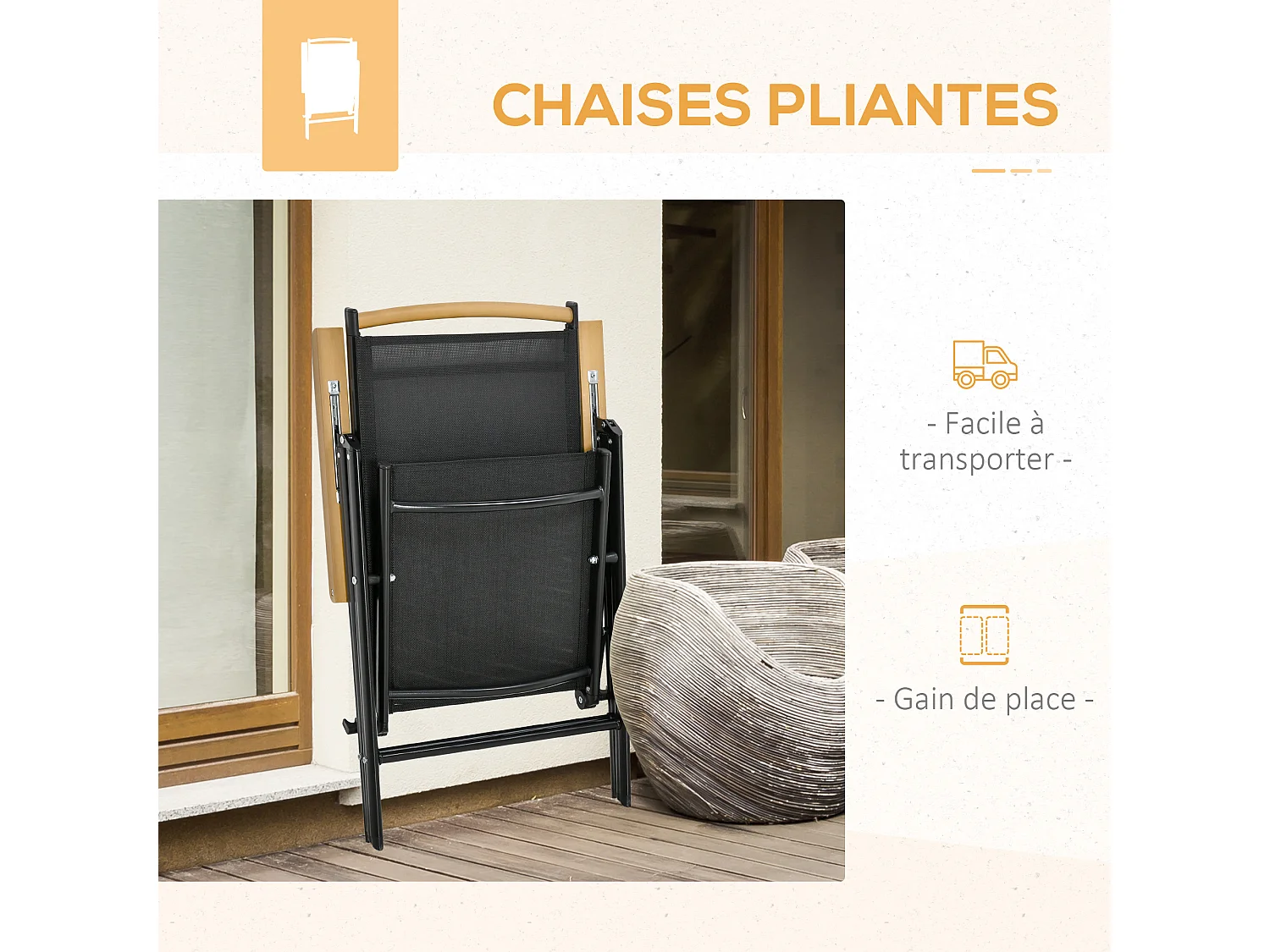 Ensemble table de jardin 6 personnes - chaises pliables inclinables accoudoirs - alu textilène noir plastique effet bois