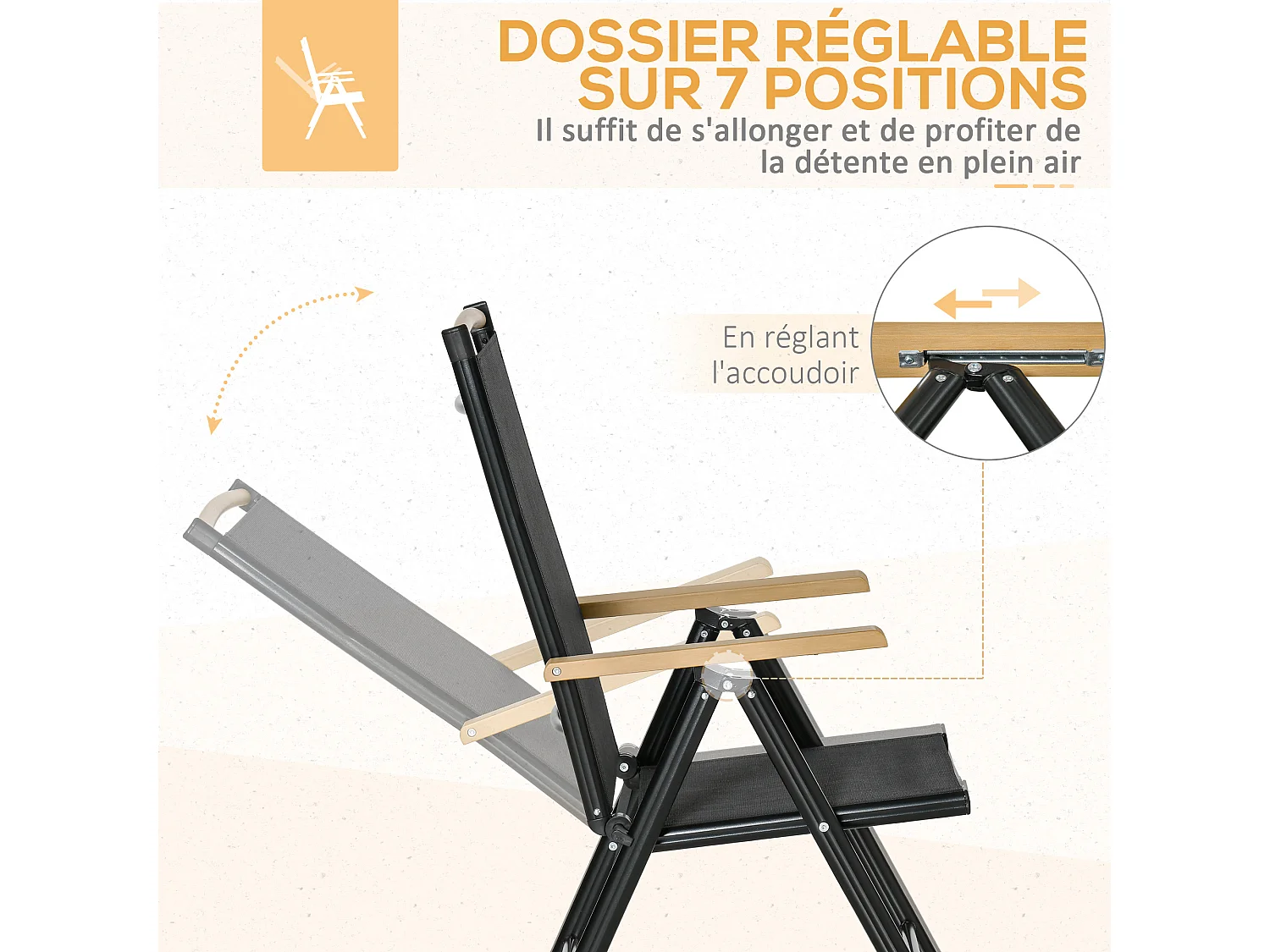 Ensemble table de jardin 6 personnes - chaises pliables inclinables accoudoirs - alu textilène noir plastique effet bois
