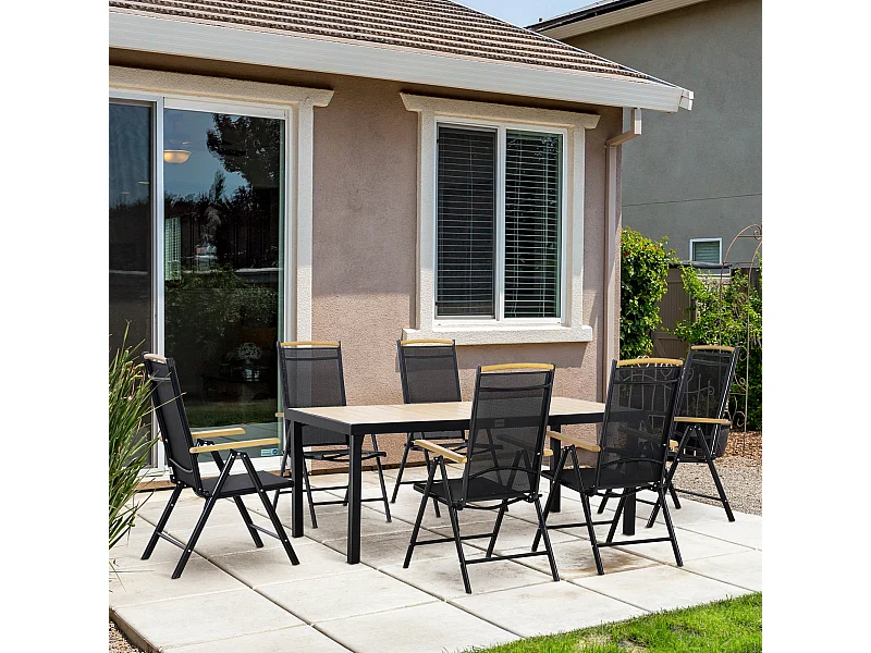 Ensemble table de jardin 6 personnes - chaises pliables inclinables accoudoirs - alu textilène noir plastique effet bois