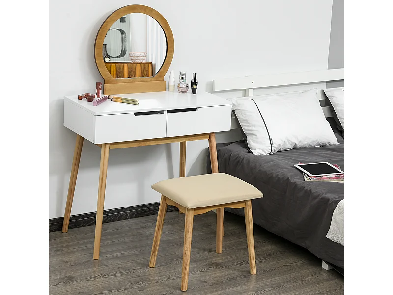 Coiffeuse design scandinave table de maquillage avec miroir, 2 tiroirs et tabouret blanc pin clair