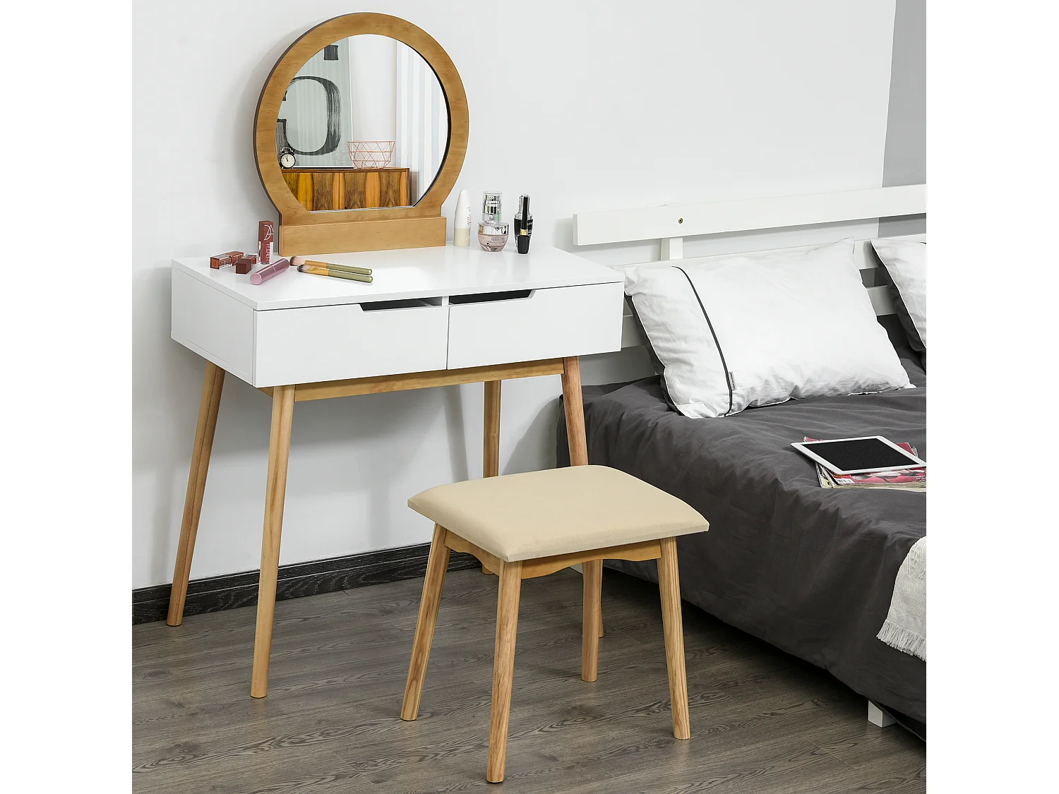 Coiffeuse design scandinave table de maquillage avec miroir, 2 tiroirs et tabouret blanc pin clair