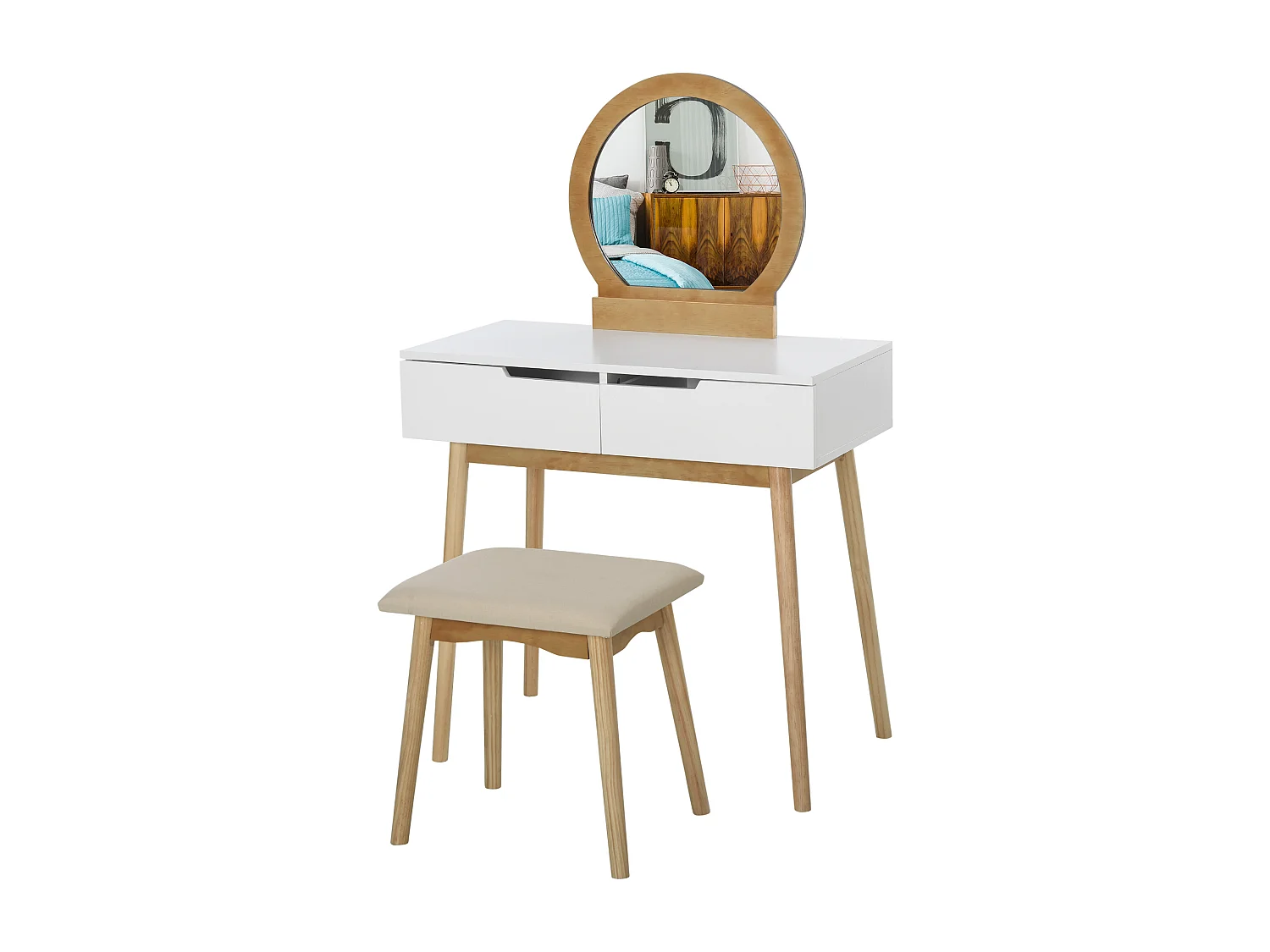 Coiffeuse design scandinave table de maquillage avec miroir, 2 tiroirs et tabouret blanc pin clair