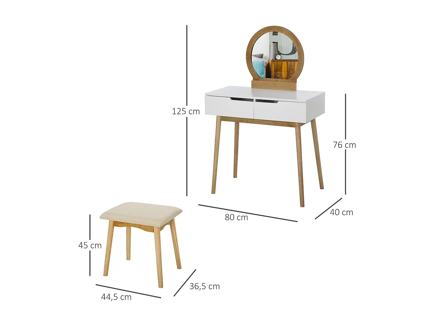 Coiffeuse design scandinave table de maquillage avec miroir, 2 tiroirs et tabouret blanc pin clair