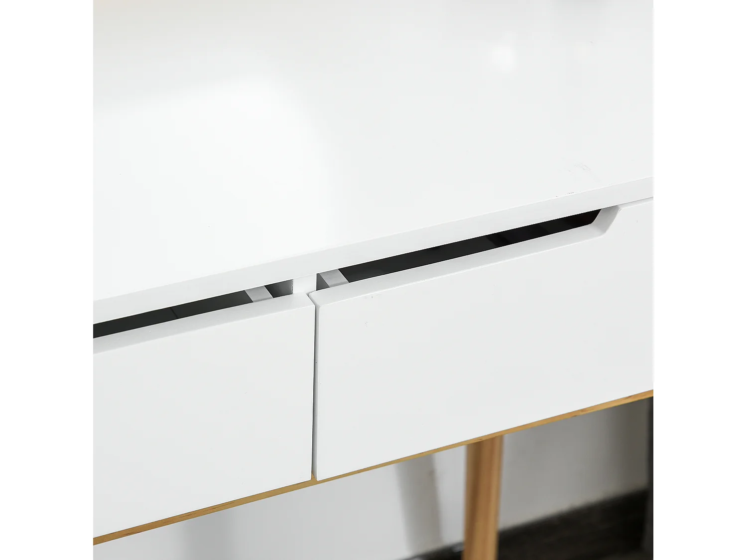 Coiffeuse design scandinave table de maquillage avec miroir, 2 tiroirs et tabouret blanc pin clair