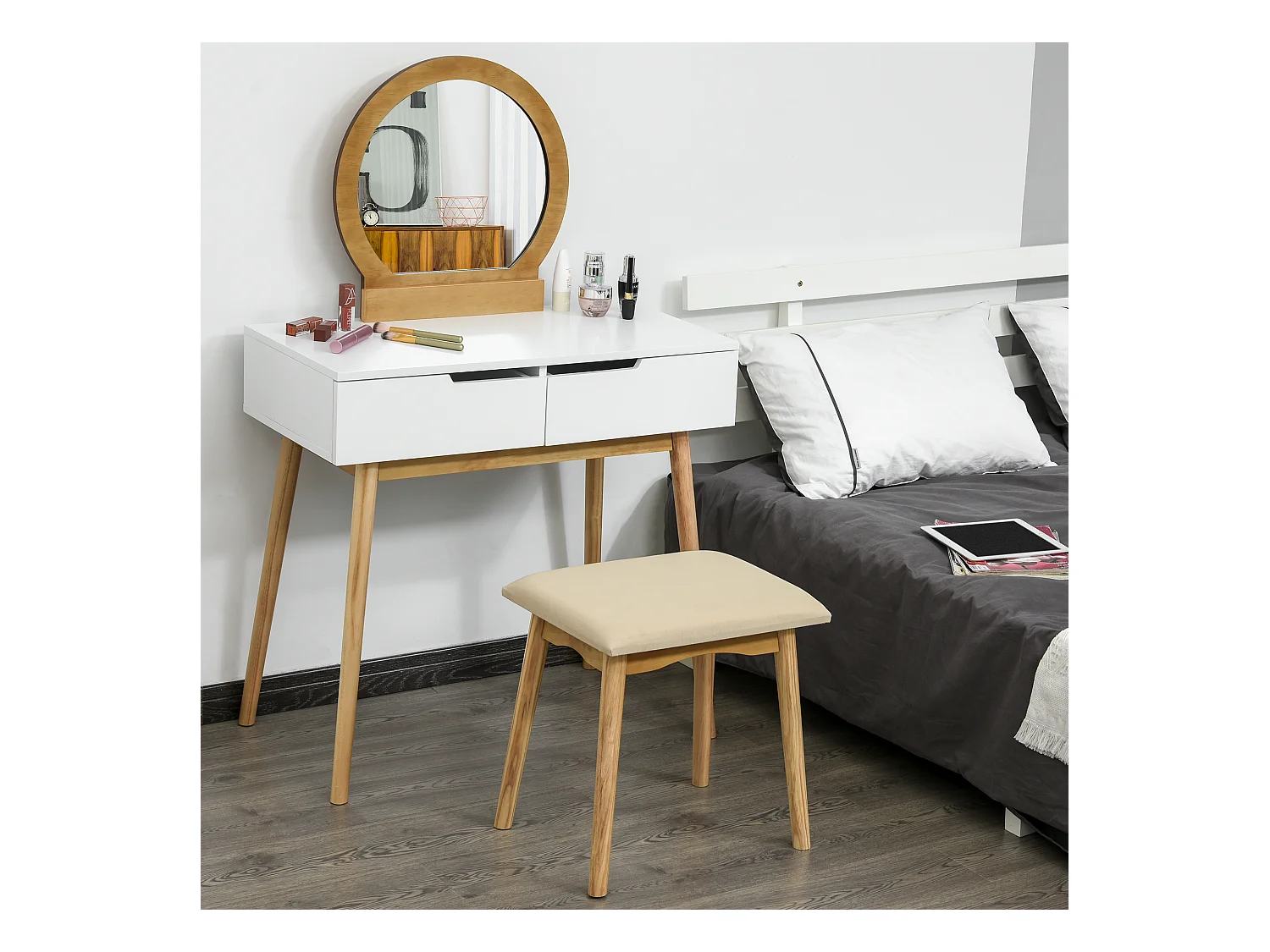 Coiffeuse design scandinave table de maquillage avec miroir, 2 tiroirs et tabouret blanc pin clair