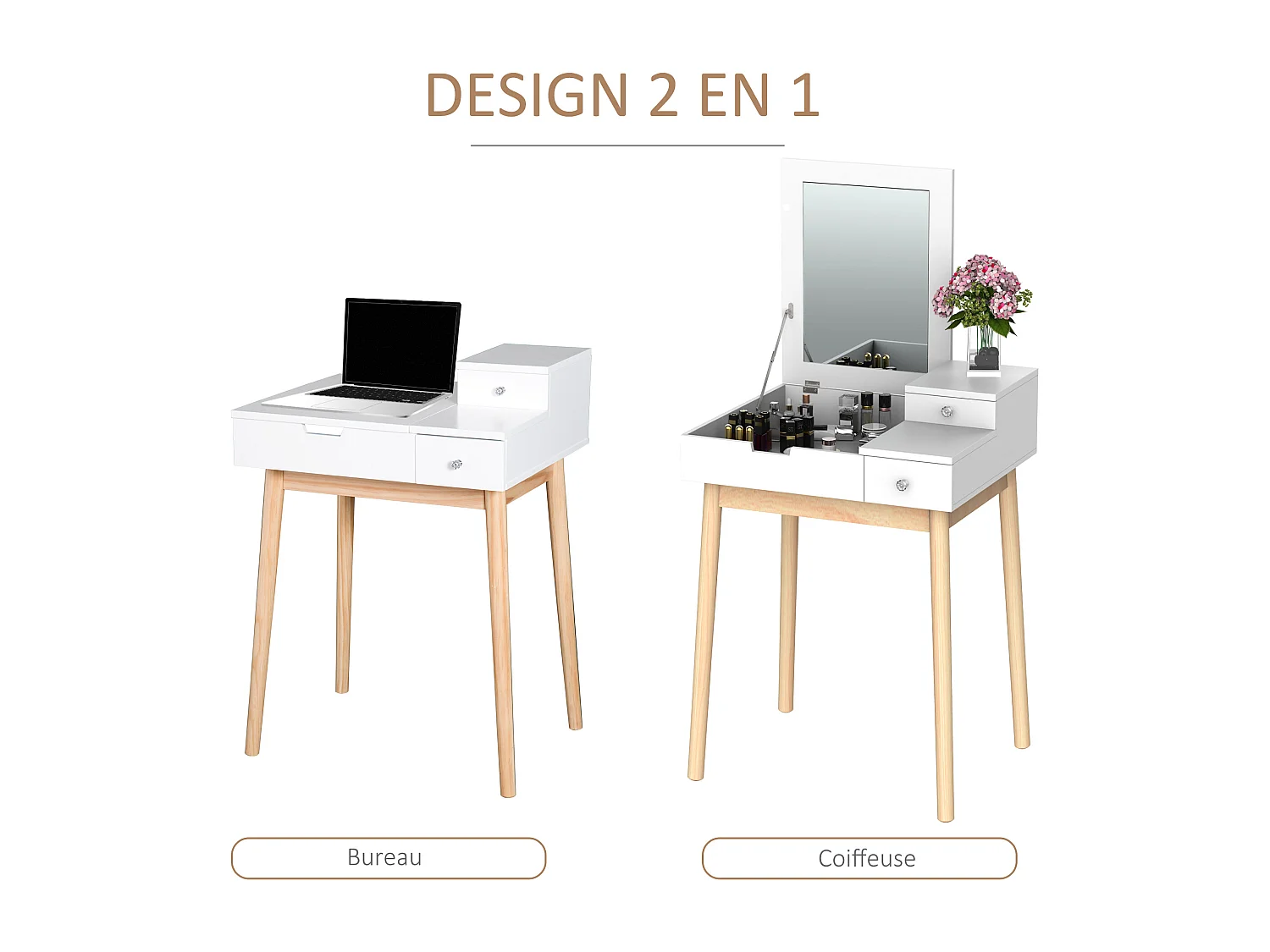 Coiffeuse design scandinave table de maquillage multi-rangements miroir pliable 60L x 50l x 86H cm pin et MDF blanc