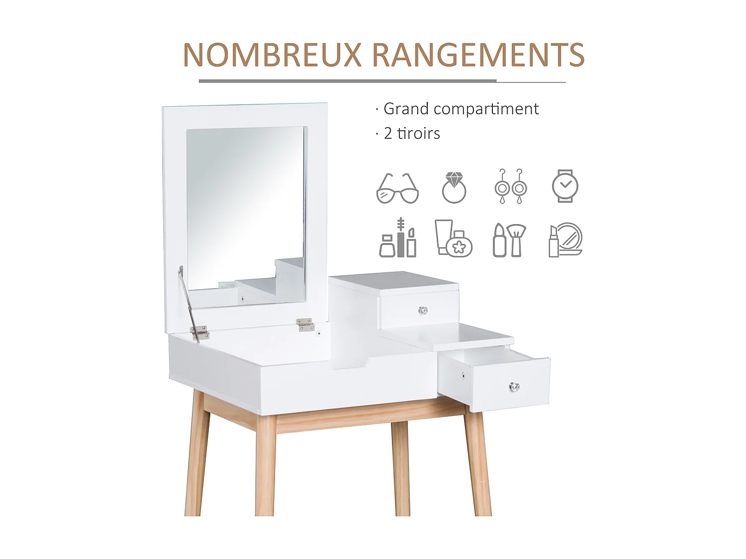 Coiffeuse design scandinave table de maquillage multi-rangements miroir pliable 60L x 50l x 86H cm pin et MDF blanc