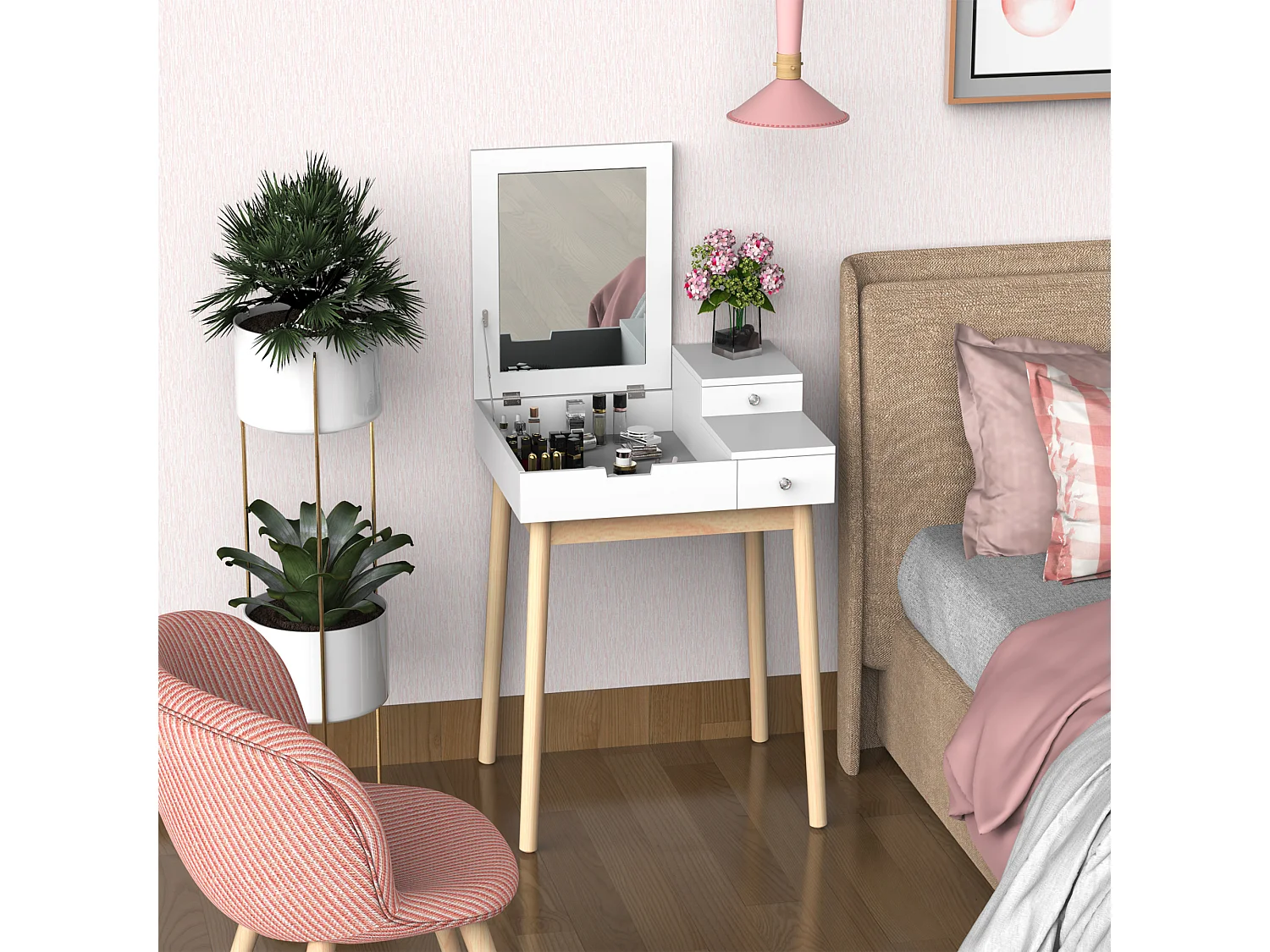 Coiffeuse design scandinave table de maquillage multi-rangements miroir pliable 60L x 50l x 86H cm pin et MDF blanc