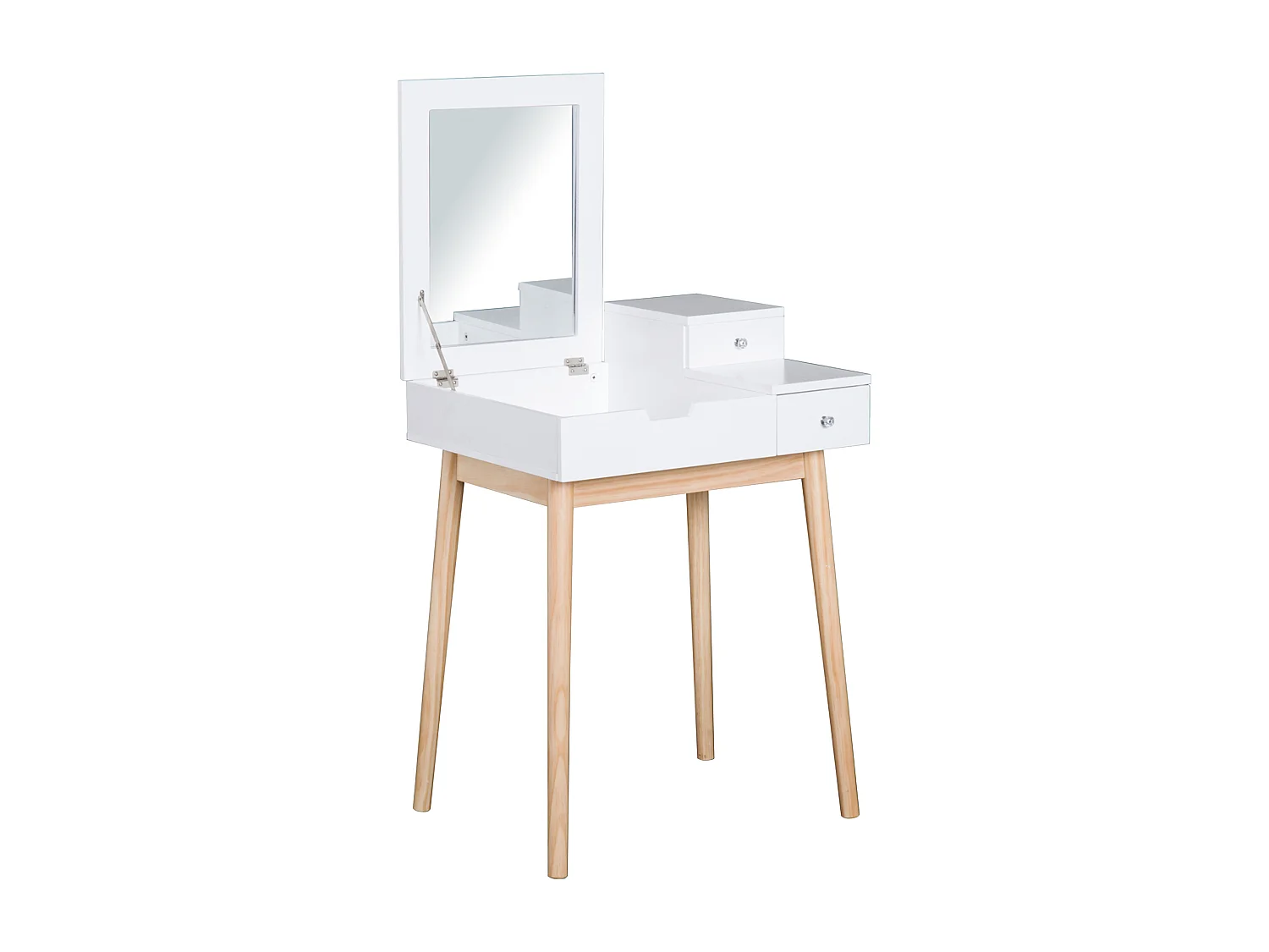 Coiffeuse design scandinave table de maquillage multi-rangements miroir pliable 60L x 50l x 86H cm pin et MDF blanc