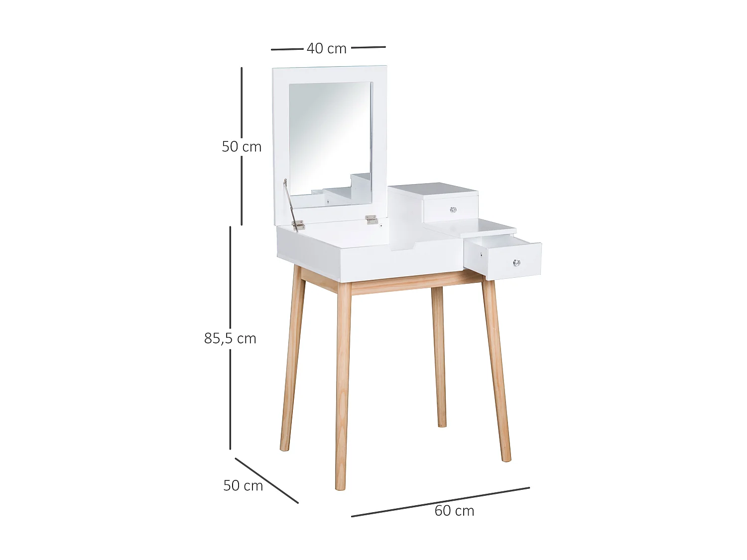 Coiffeuse design scandinave table de maquillage multi-rangements miroir pliable 60L x 50l x 86H cm pin et MDF blanc