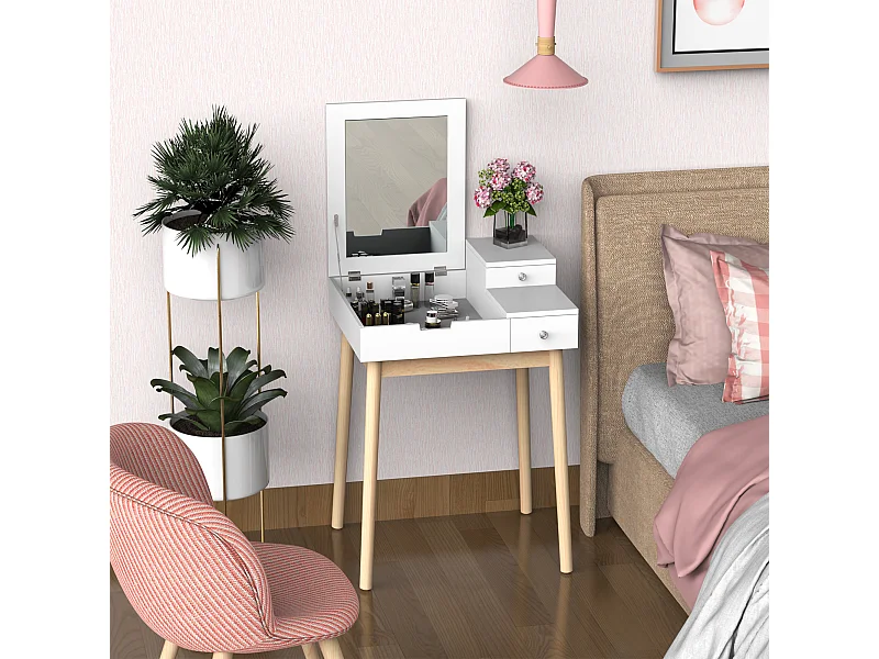 Coiffeuse design scandinave table de maquillage multi-rangements miroir pliable 60L x 50l x 86H cm pin et MDF blanc
