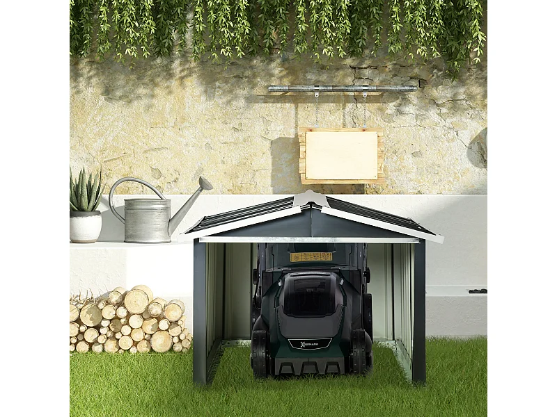 Abri de jardin pour tondeuse à gazon robot-tondeuse - garage tondeuse robot - tôle acier ondulé gris blanc