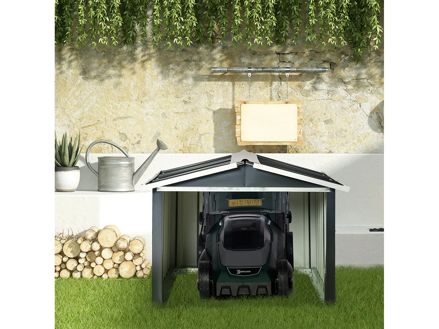 Abri de jardin pour tondeuse à gazon robot-tondeuse - garage tondeuse robot - tôle acier ondulé gris blanc